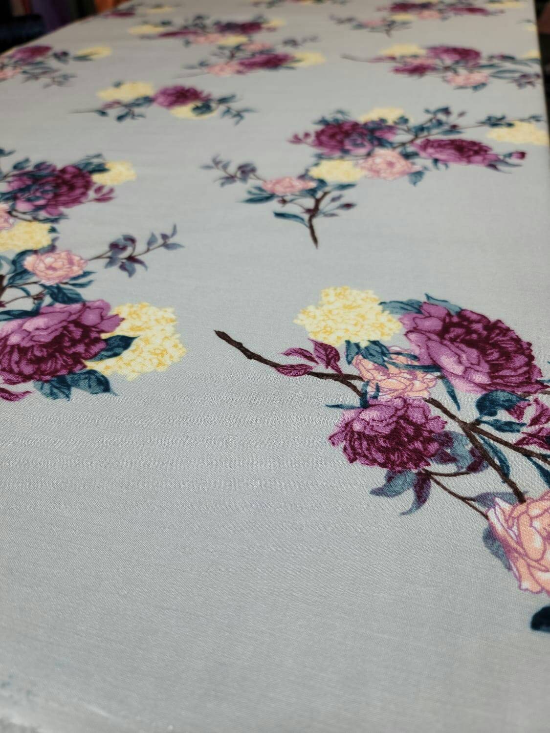 Rayon Challis Fabric By The Yard Ligth Gray Background Pinkish Floral Flowers Multicolor Dress Clothing Fabric By The Yard