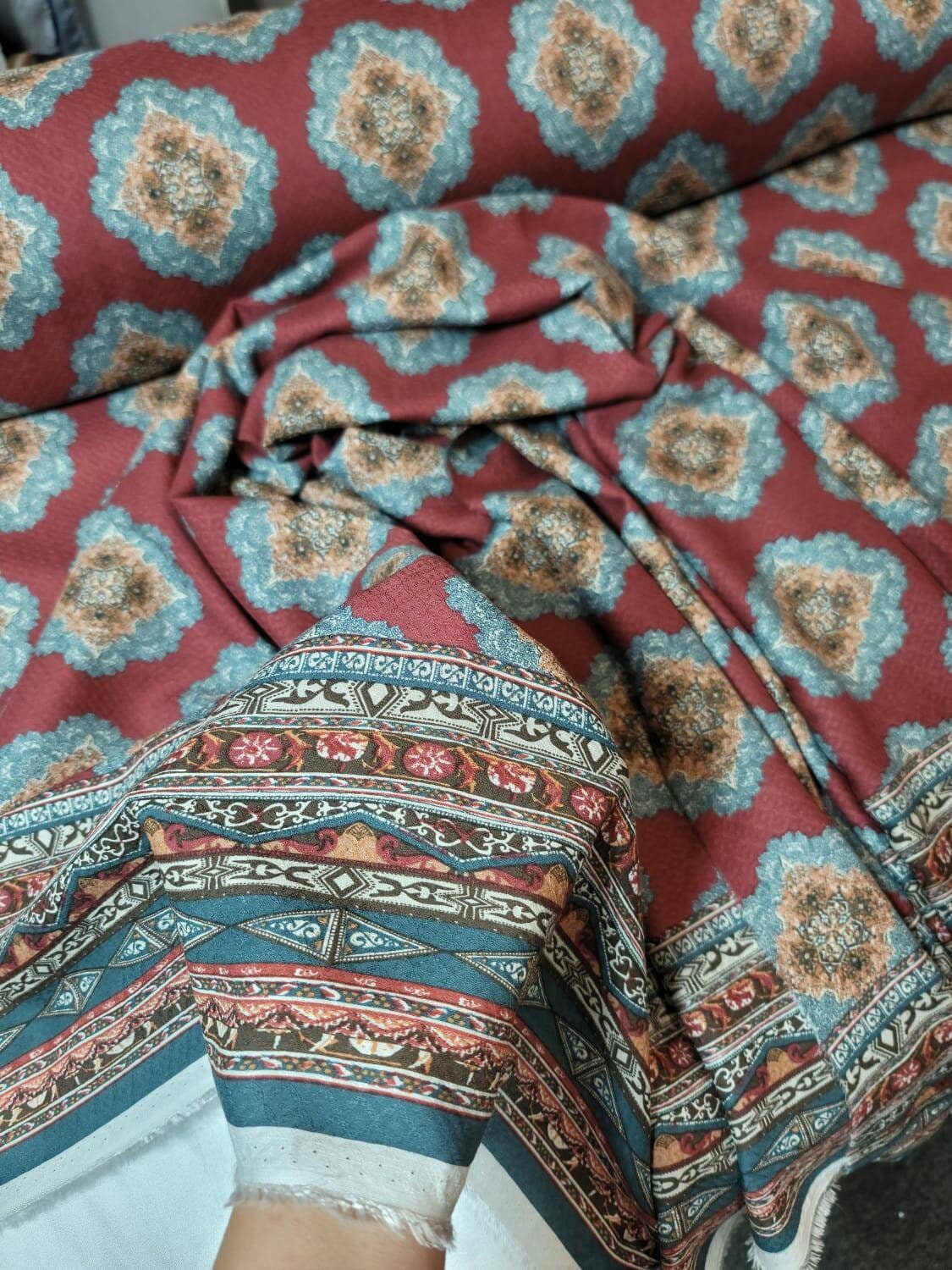 Rayon Challis Fabric By The Yard Blue Ikat Burgundy Background Double Scallops Dress Draping Clothing Light Weight Fabric 58 INCH Wide