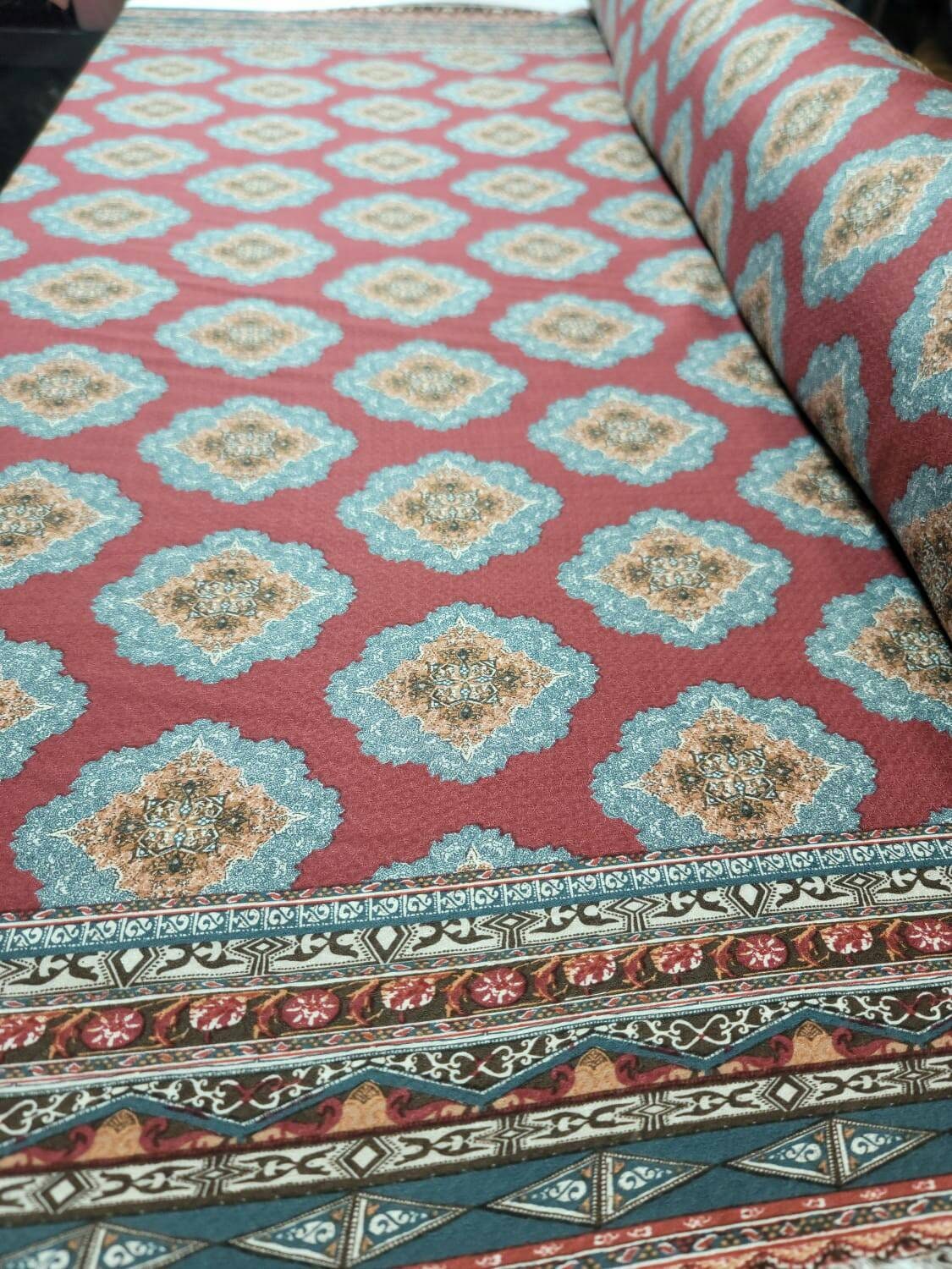 Rayon Challis Fabric By The Yard Blue Ikat Burgundy Background Double Scallops Dress Draping Clothing Light Weight Fabric 58 INCH Wide