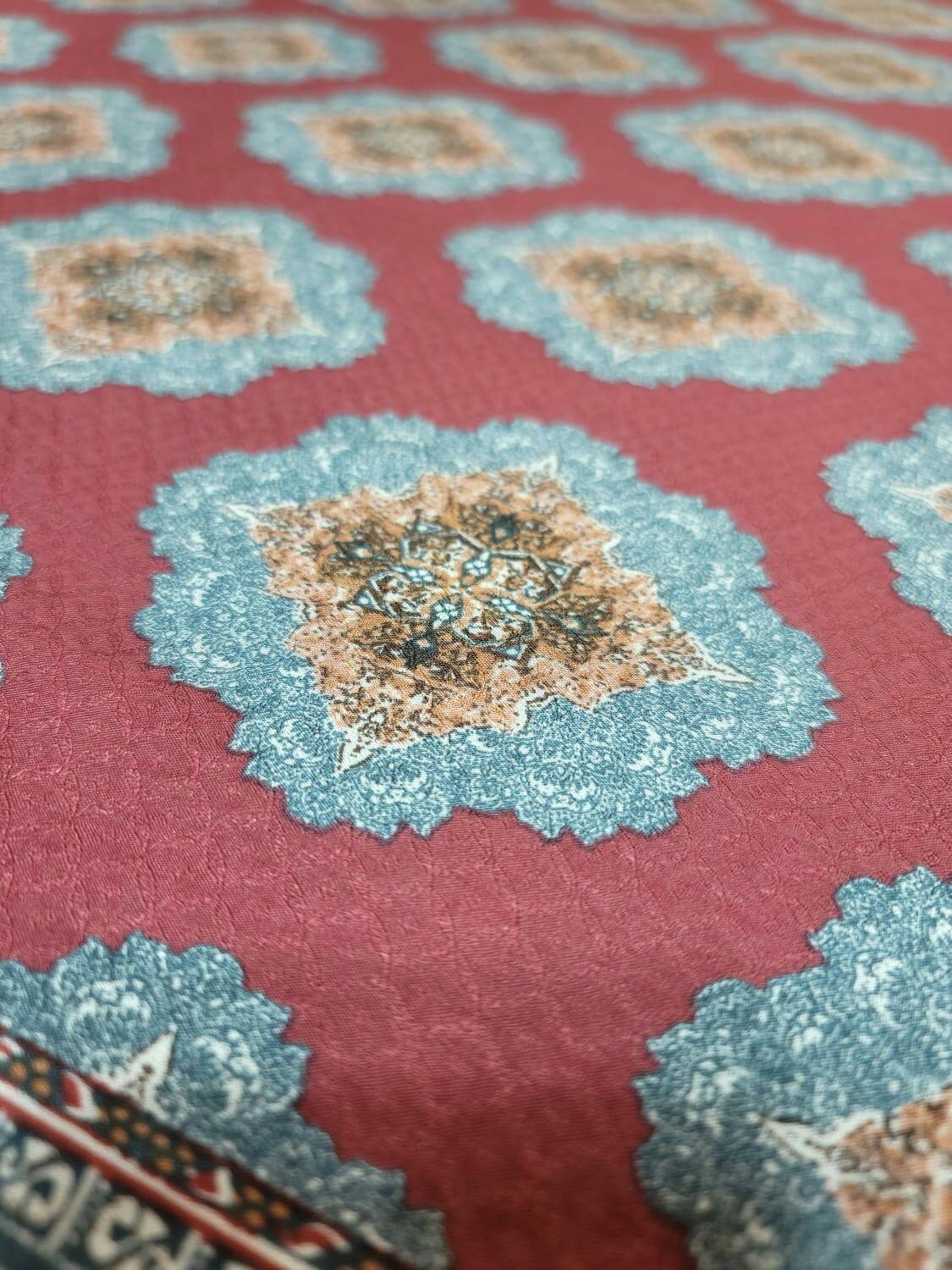Rayon Challis Fabric By The Yard Blue Ikat Burgundy Background Double Scallops Dress Draping Clothing Light Weight Fabric 58 INCH Wide