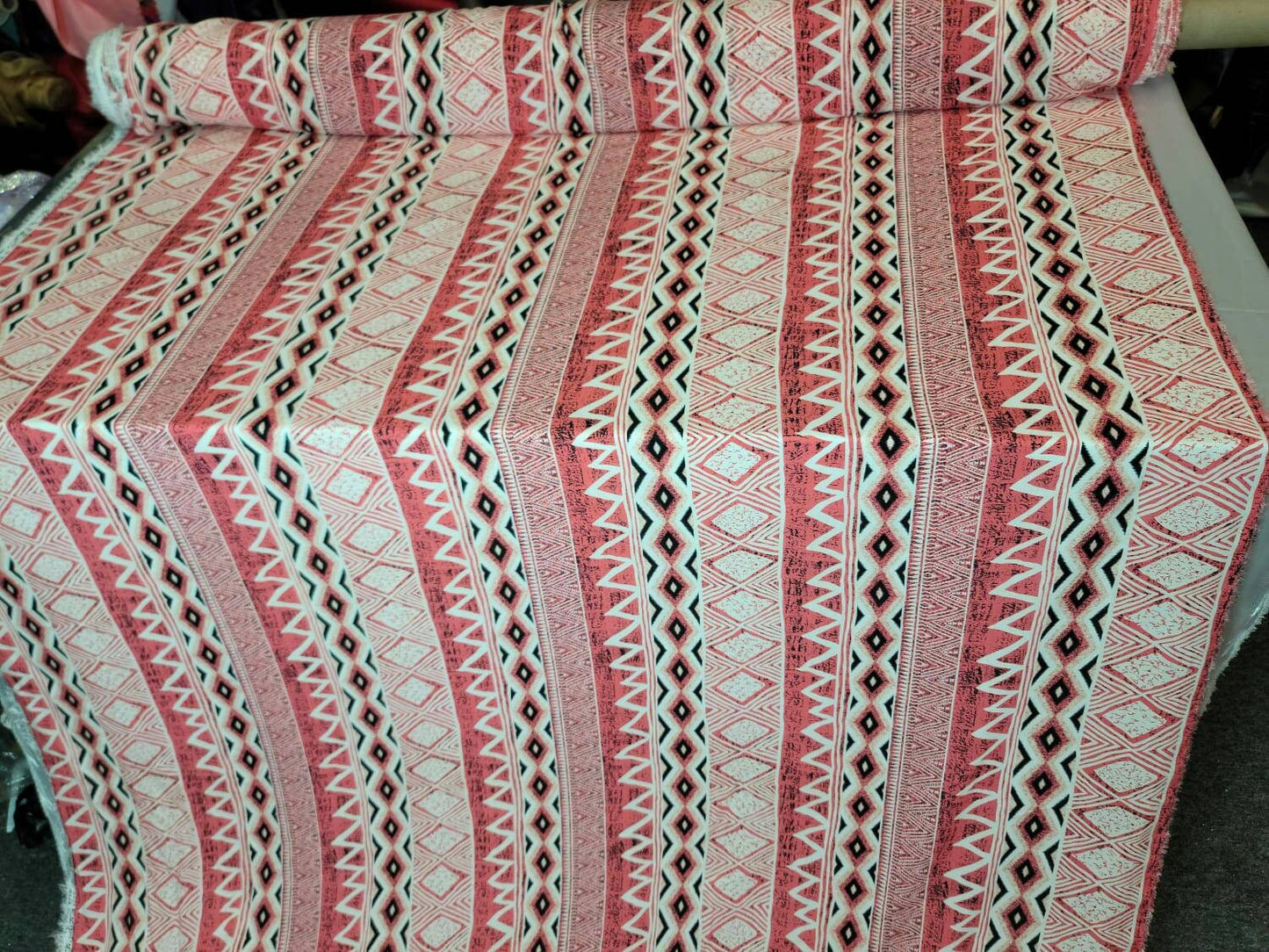 Rayon Challis Fabric By The Yard Pink Coral Off White Print Abstract Dress Draping Clothing Decoration