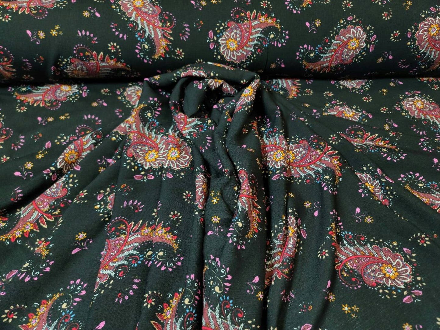Rayon Challis Black Background Paisleys Multicolor Floral Flowers Fabric By The Yard Pink Red Orange Dress Clothing