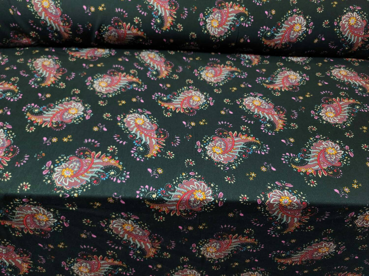 Rayon Challis Black Background Paisleys Multicolor Floral Flowers Fabric By The Yard Pink Red Orange Dress Clothing