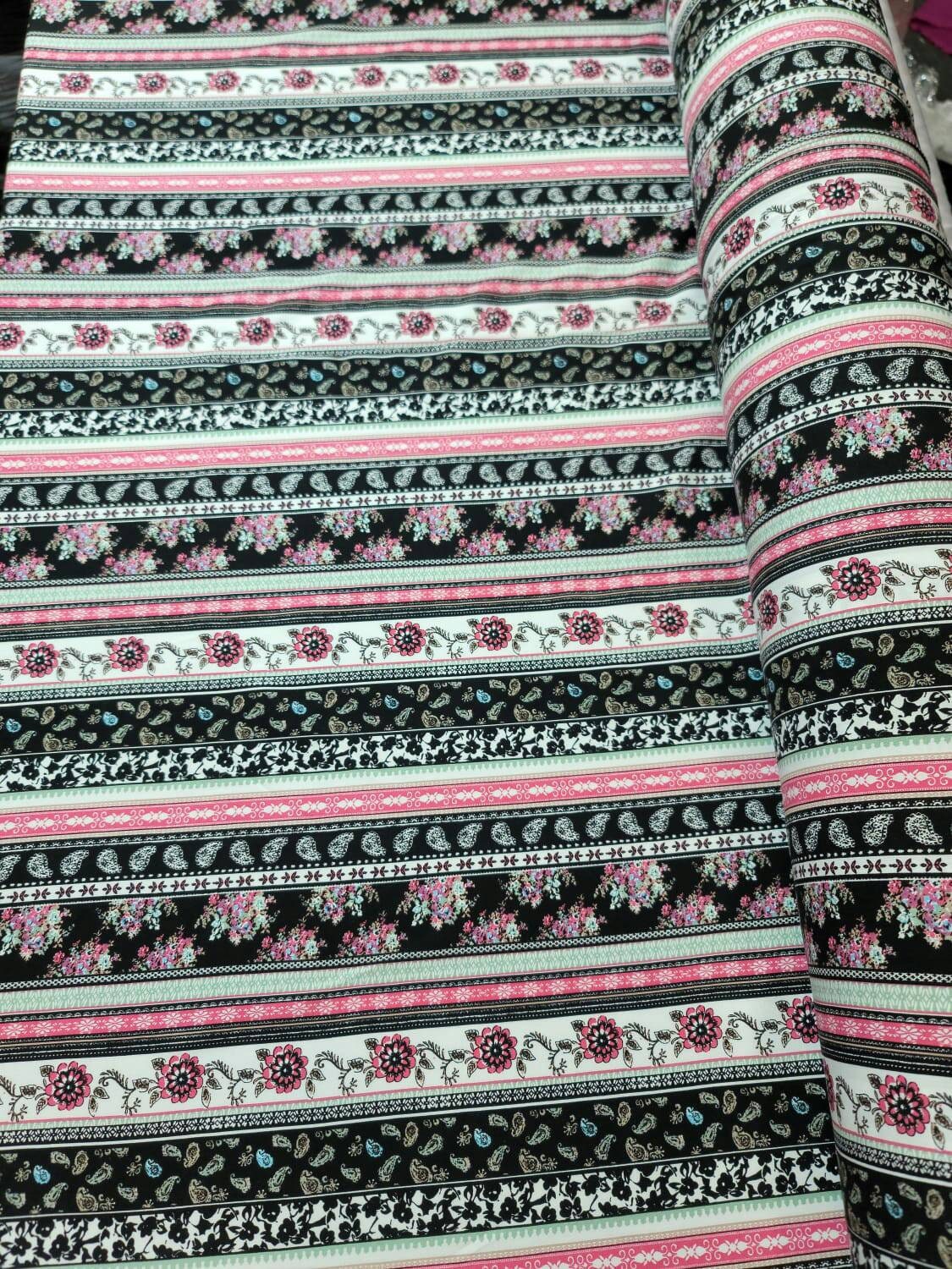 Rayon Challis Multicolor Pink Floral Flowers Paisleys Stripes White Background Fabric By The Yard Flowy Dress Clothing Flowy Light Weight