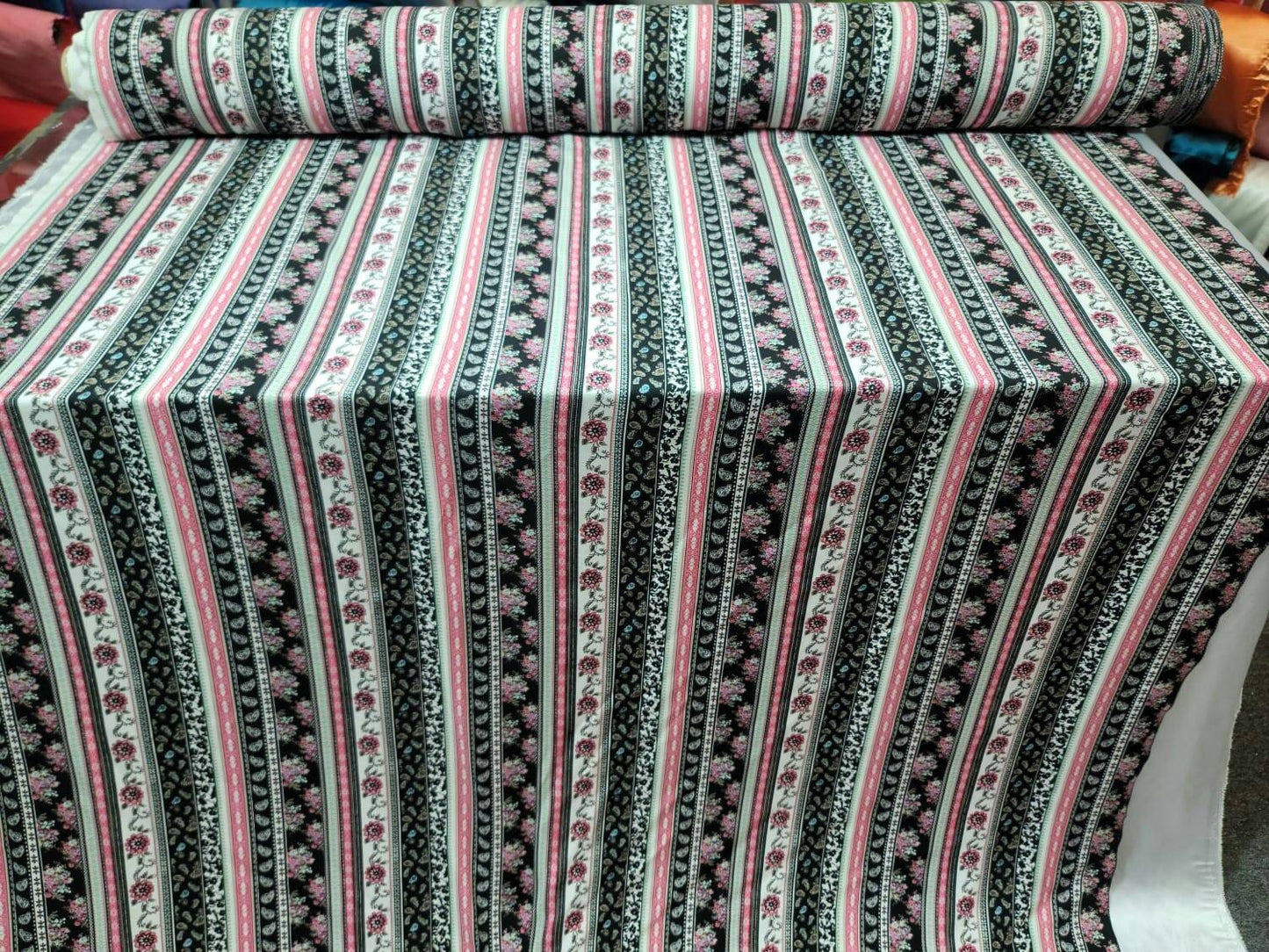 Rayon Challis Multicolor Pink Floral Flowers Paisleys Stripes White Background Fabric By The Yard Flowy Dress Clothing Flowy Light Weight