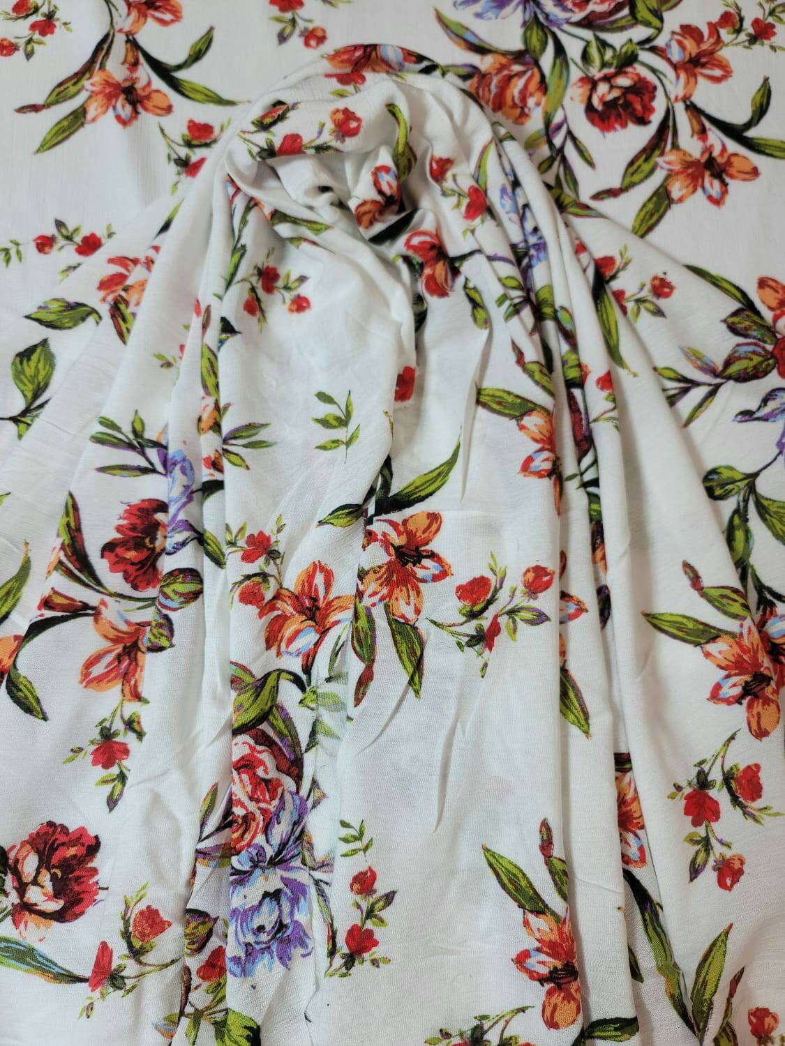 Rayon Crepe Off White Background Coral Red Green Floral Flowers 58-60 Inches Wide. Fabric By The Yard Soft Organic kids Dress Clothing Flowy