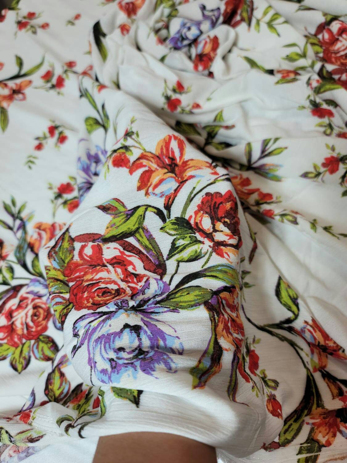 Rayon Crepe Off White Background Coral Red Green Floral Flowers 58-60 Inches Wide. Fabric By The Yard Soft Organic kids Dress Clothing Flowy