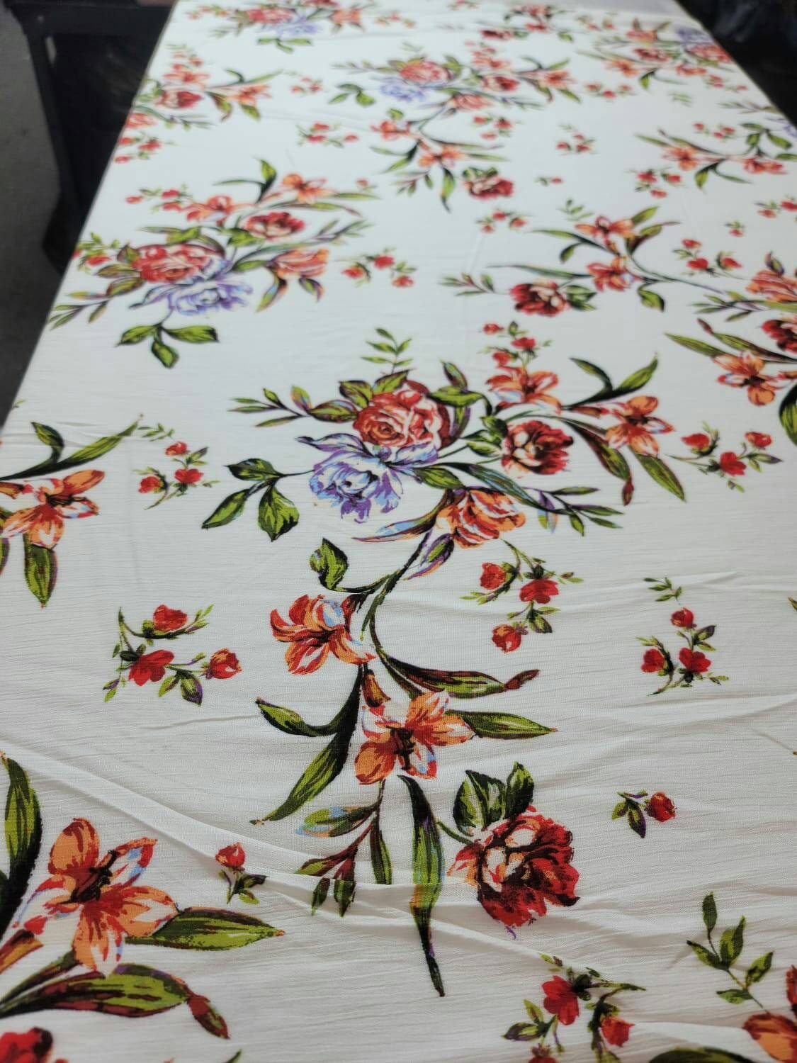 Rayon Crepe Off White Background Coral Red Green Floral Flowers 58-60 Inches Wide. Fabric By The Yard Soft Organic kids Dress Clothing Flowy