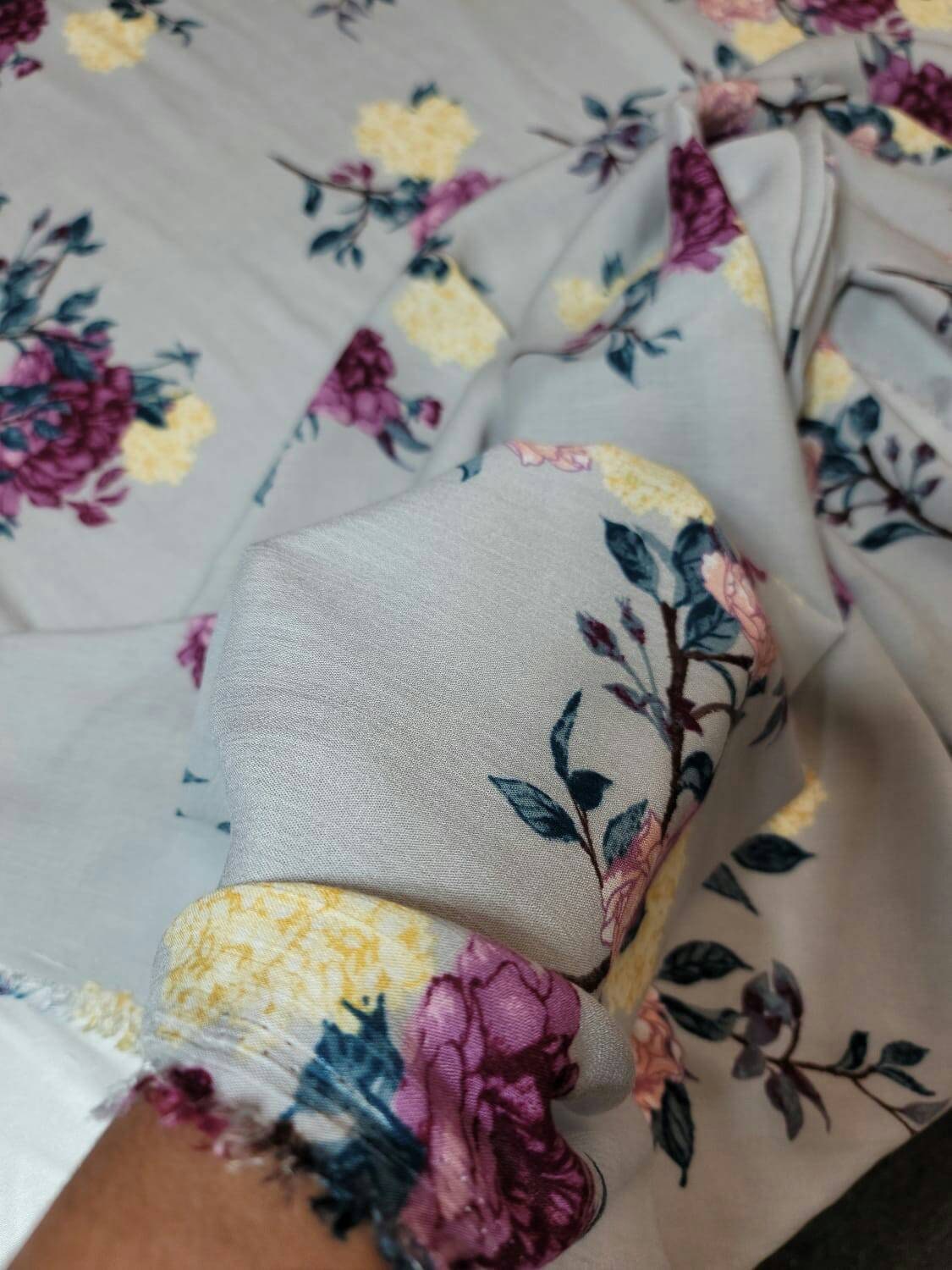 Rayon Challis Fabric By The Yard Ligth Gray Background Pinkish Floral Flowers Multicolor Dress Clothing Fabric By The Yard