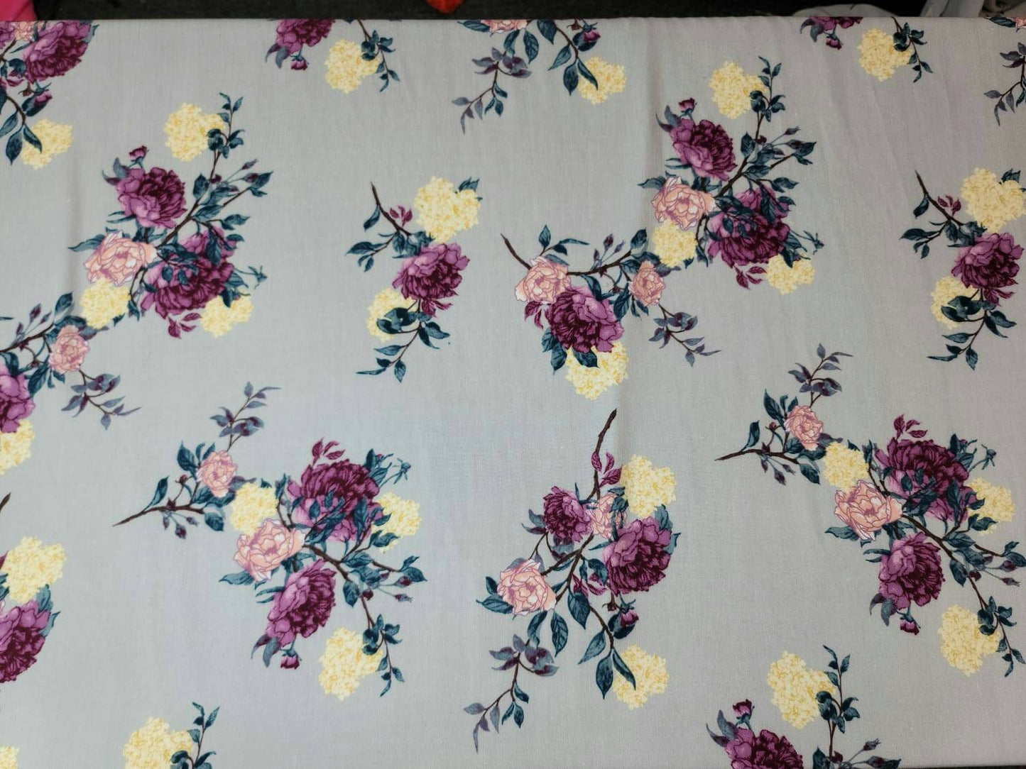 Rayon Challis Fabric By The Yard Ligth Gray Background Pinkish Floral Flowers Multicolor Dress Clothing Fabric By The Yard
