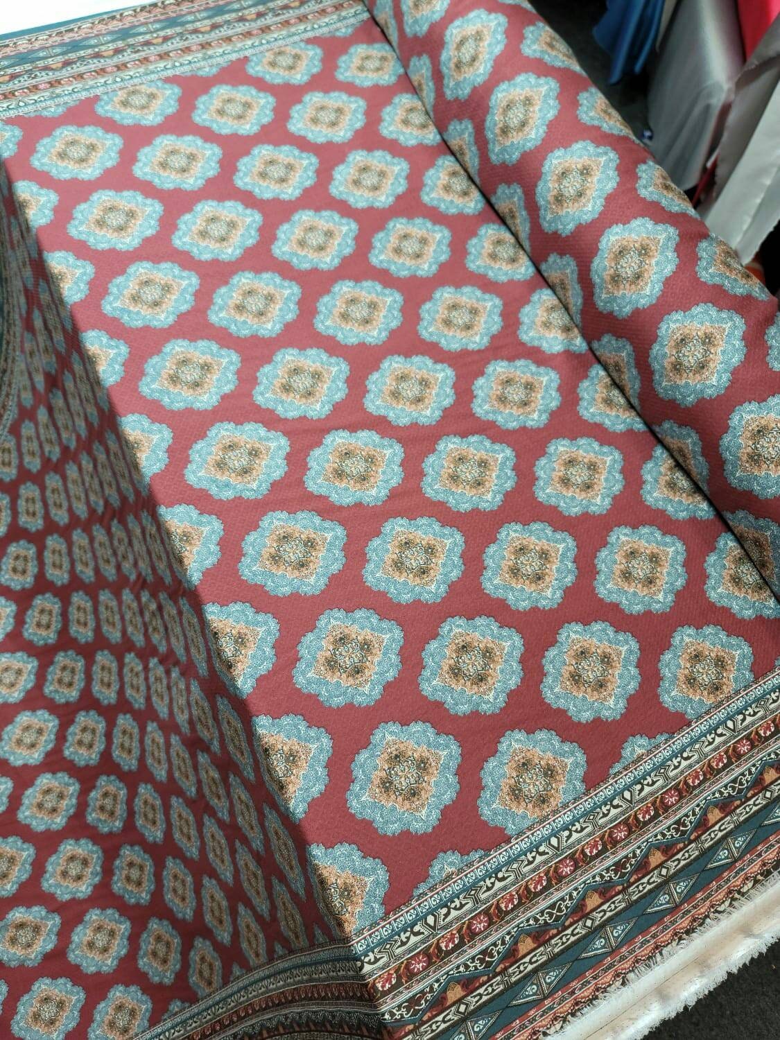 Rayon Challis Fabric By The Yard Blue Ikat Burgundy Background Double Scallops Dress Draping Clothing Light Weight Fabric 58 INCH Wide
