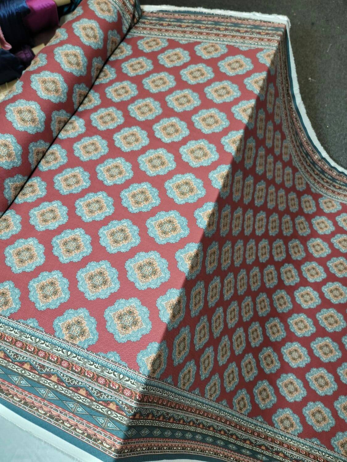 Rayon Challis Fabric By The Yard Blue Ikat Burgundy Background Double Scallops Dress Draping Clothing Light Weight Fabric 58 INCH Wide