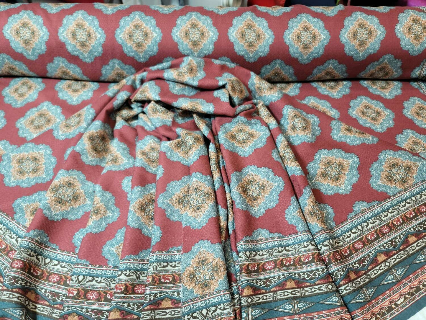 Rayon Challis Fabric By The Yard Blue Ikat Burgundy Background Double Scallops Dress Draping Clothing Light Weight Fabric 58 INCH Wide