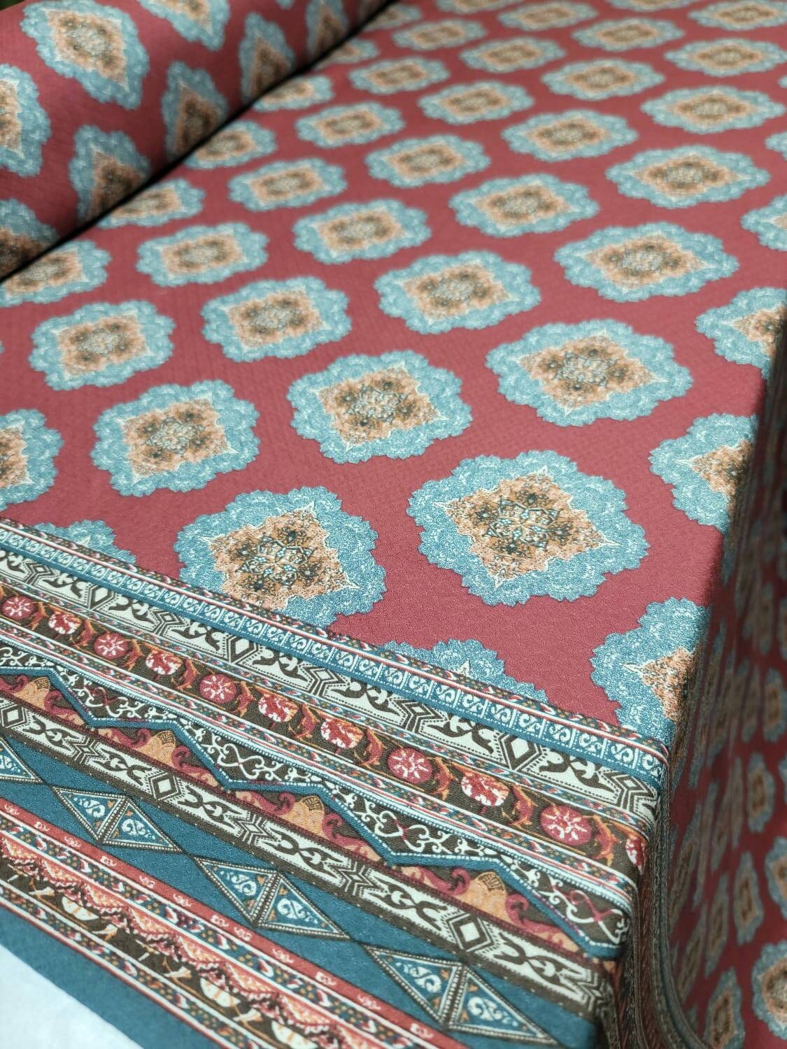 Rayon Challis Fabric By The Yard Blue Ikat Burgundy Background Double Scallops Dress Draping Clothing Light Weight Fabric 58 INCH Wide
