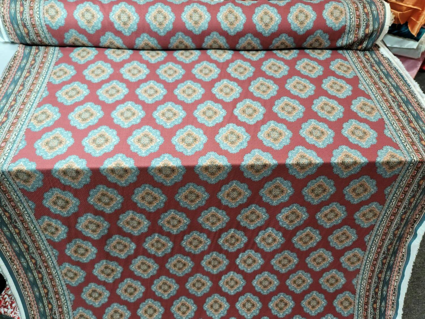 Rayon Challis Fabric By The Yard Blue Ikat Burgundy Background Double Scallops Dress Draping Clothing Light Weight Fabric 58 INCH Wide