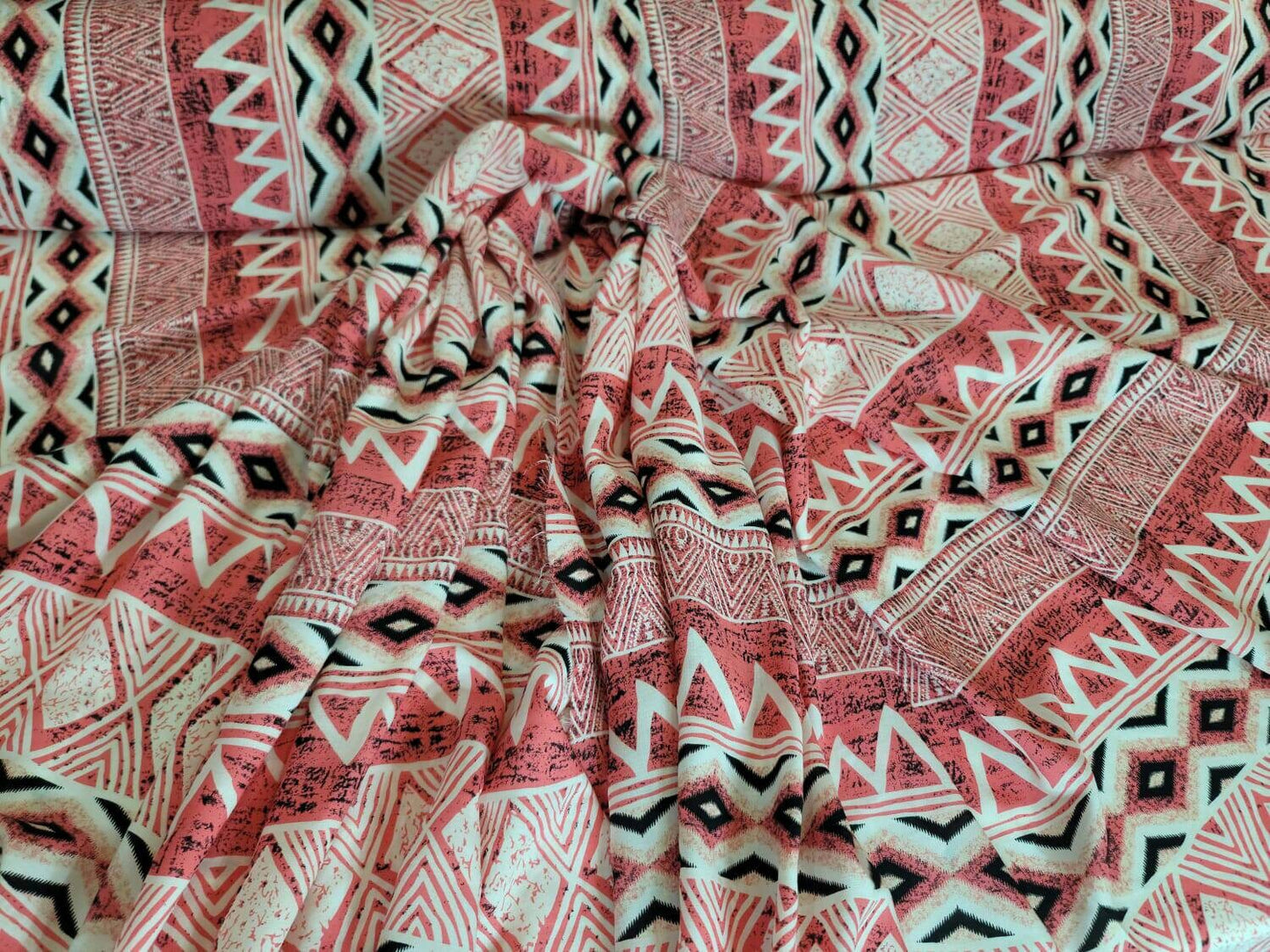 Rayon Challis Fabric By The Yard Pink Coral Off White Print Abstract Dress Draping Clothing Decoration