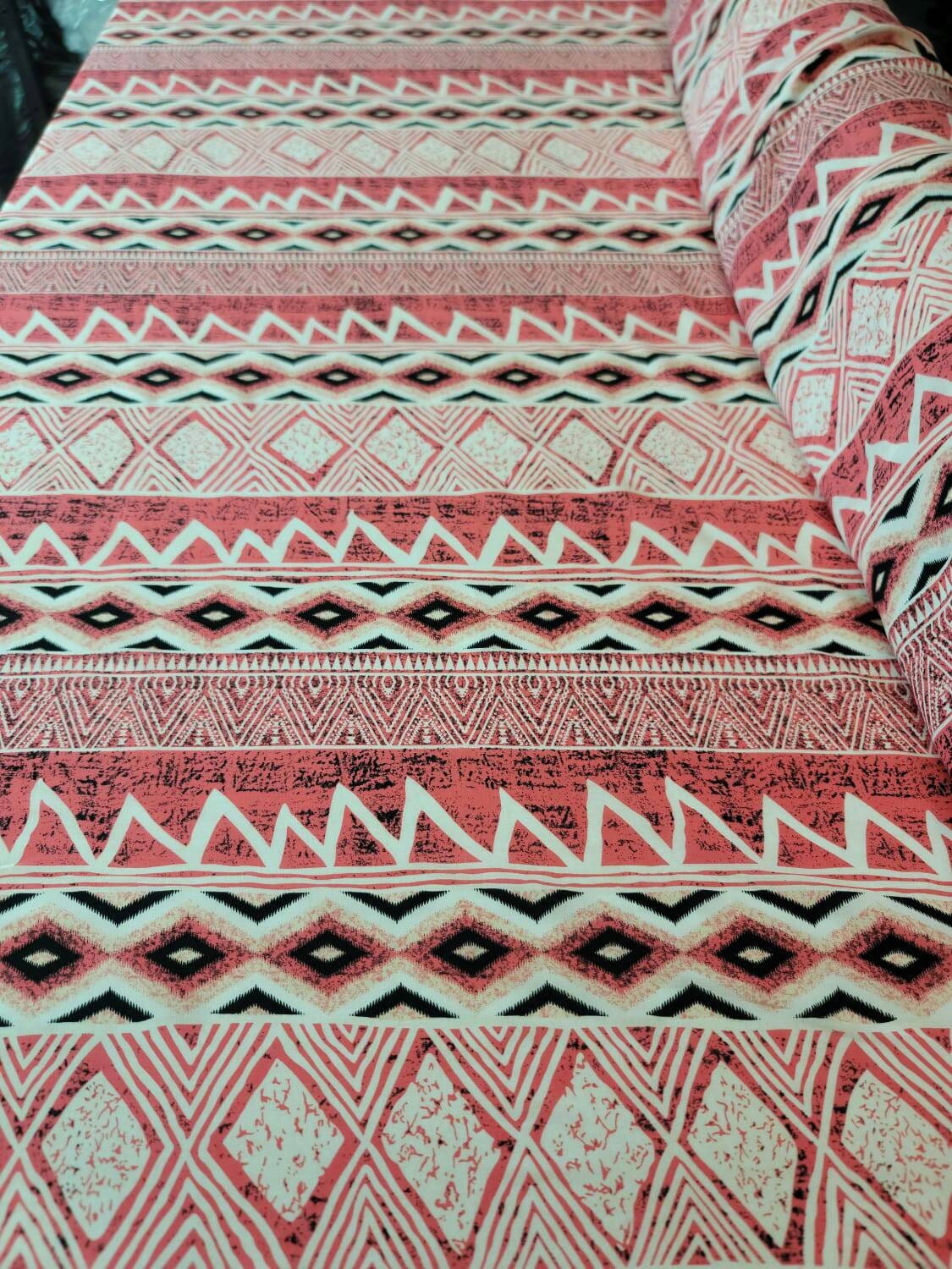 Rayon Challis Fabric By The Yard Pink Coral Off White Print Abstract Dress Draping Clothing Decoration