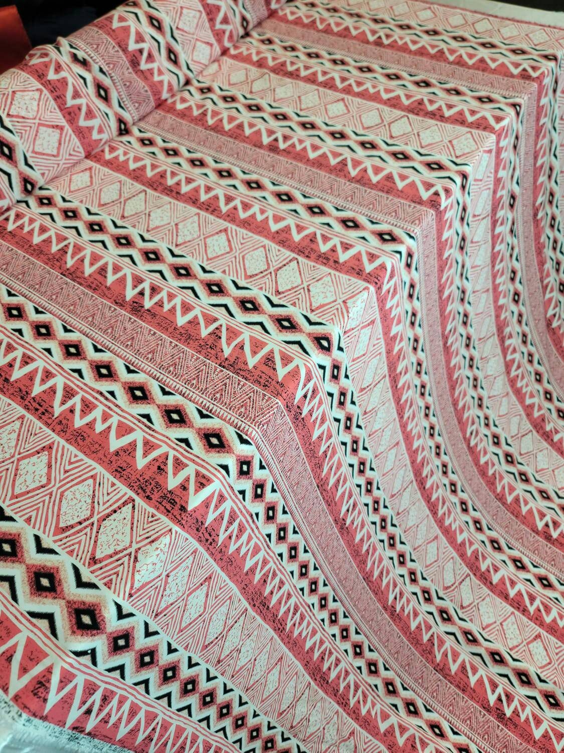 Rayon Challis Fabric By The Yard Pink Coral Off White Print Abstract Dress Draping Clothing Decoration