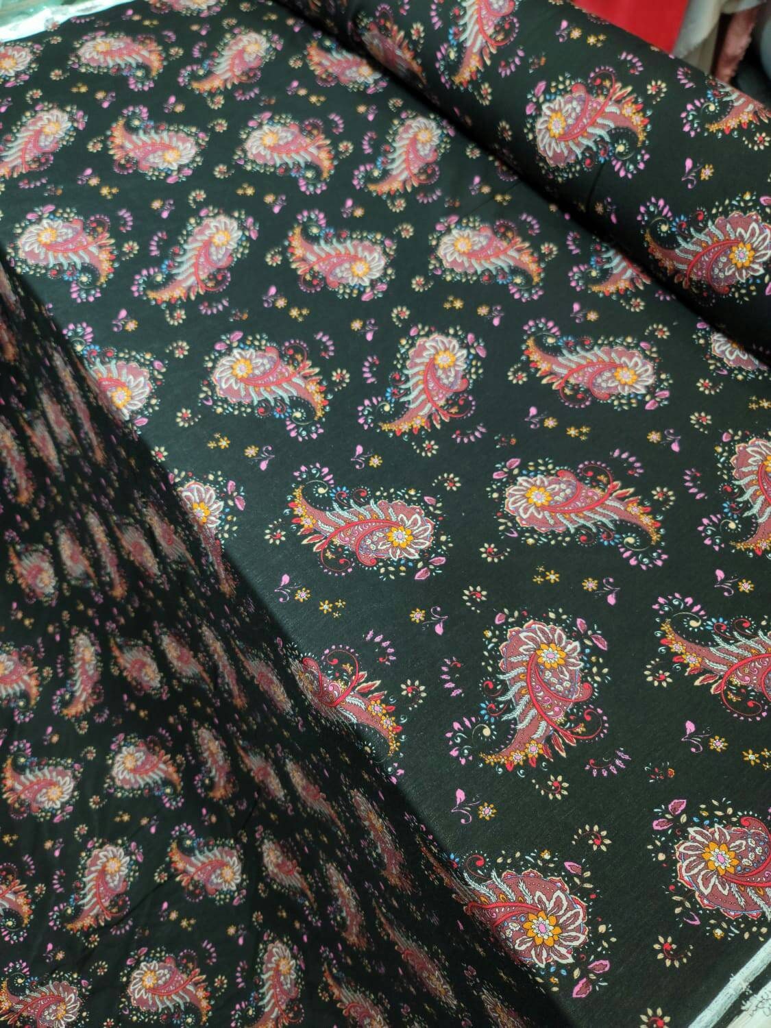 Rayon Challis Black Background Paisleys Multicolor Floral Flowers Fabric By The Yard Pink Red Orange Dress Clothing