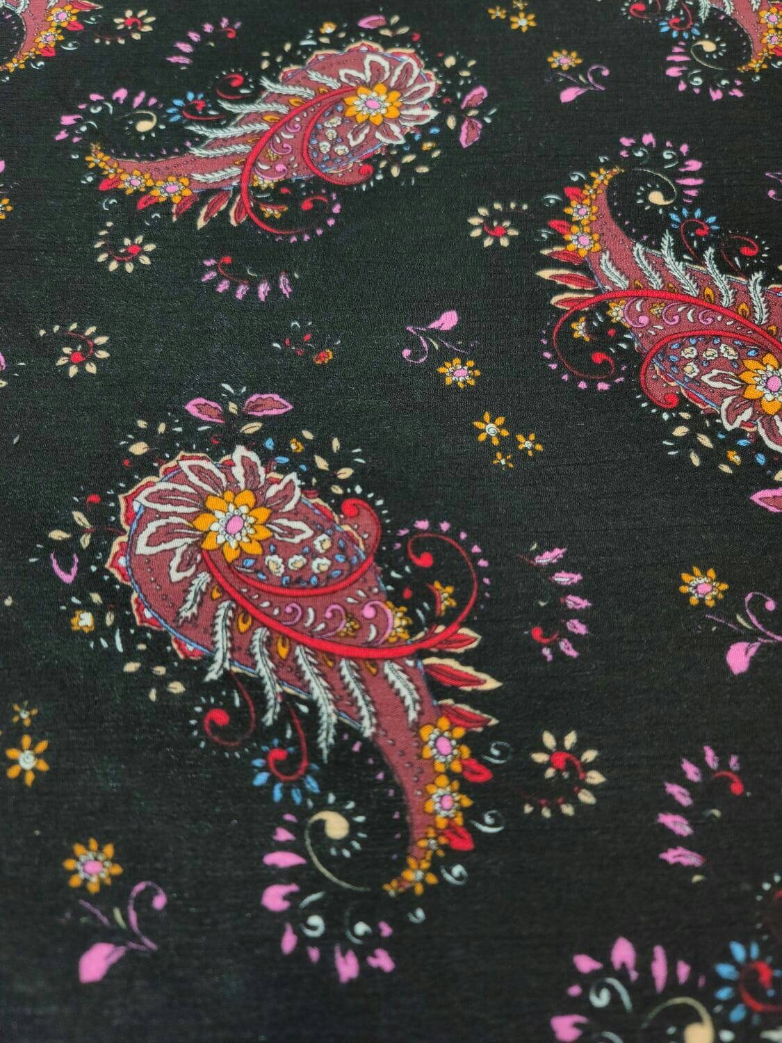 Rayon Challis Black Background Paisleys Multicolor Floral Flowers Fabric By The Yard Pink Red Orange Dress Clothing