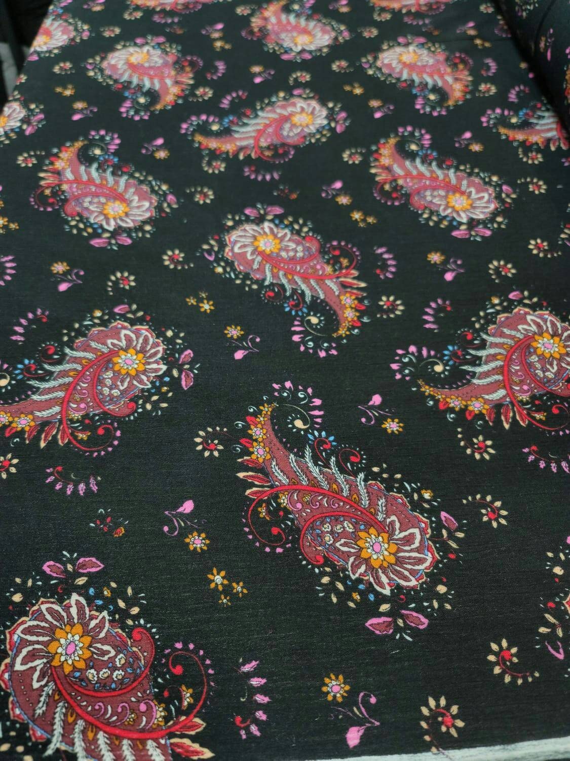 Rayon Challis Black Background Paisleys Multicolor Floral Flowers Fabric By The Yard Pink Red Orange Dress Clothing