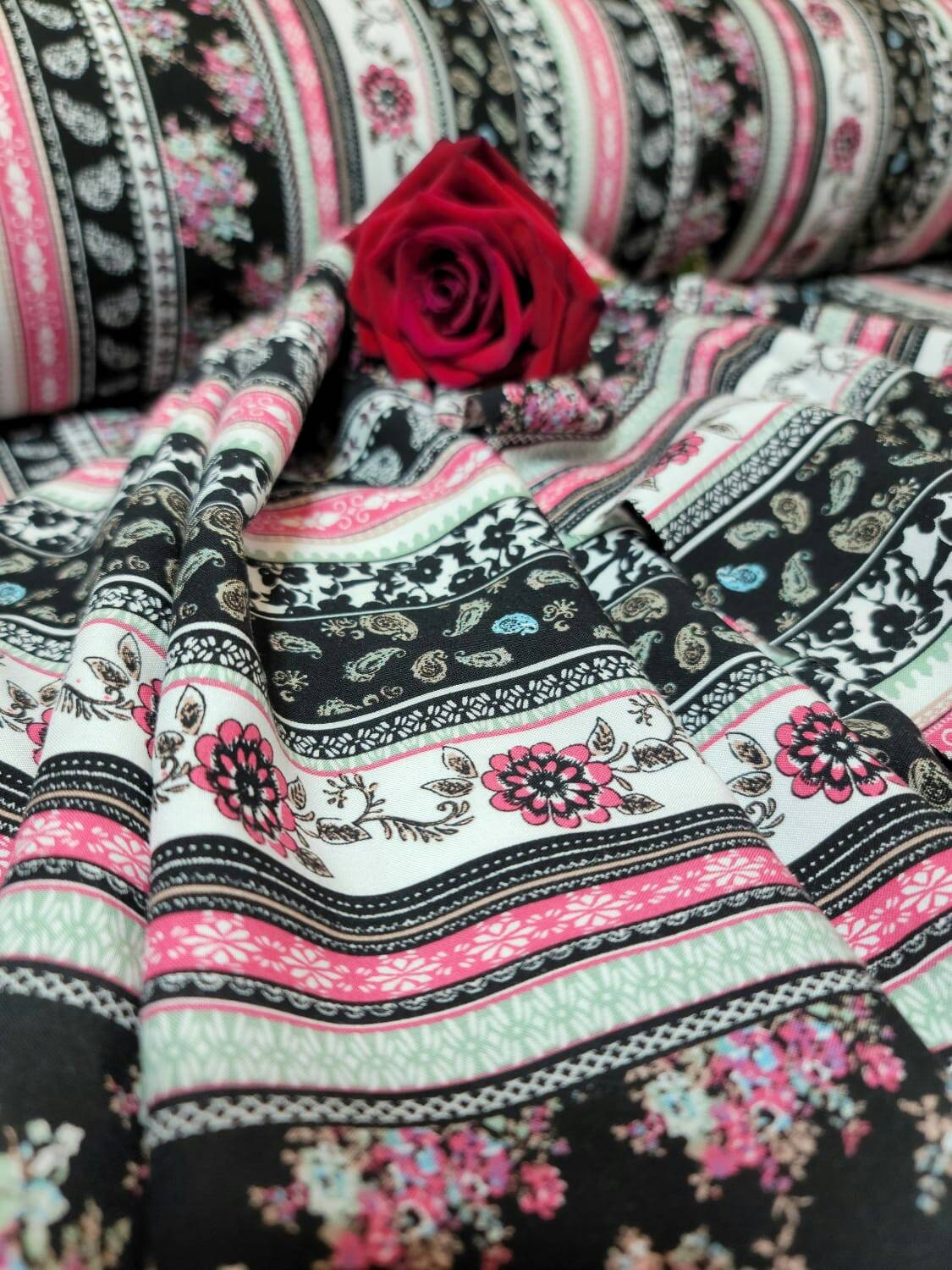 Rayon Challis Multicolor Pink Floral Flowers Paisleys Stripes White Background Fabric By The Yard Flowy Dress Clothing Flowy Light Weight