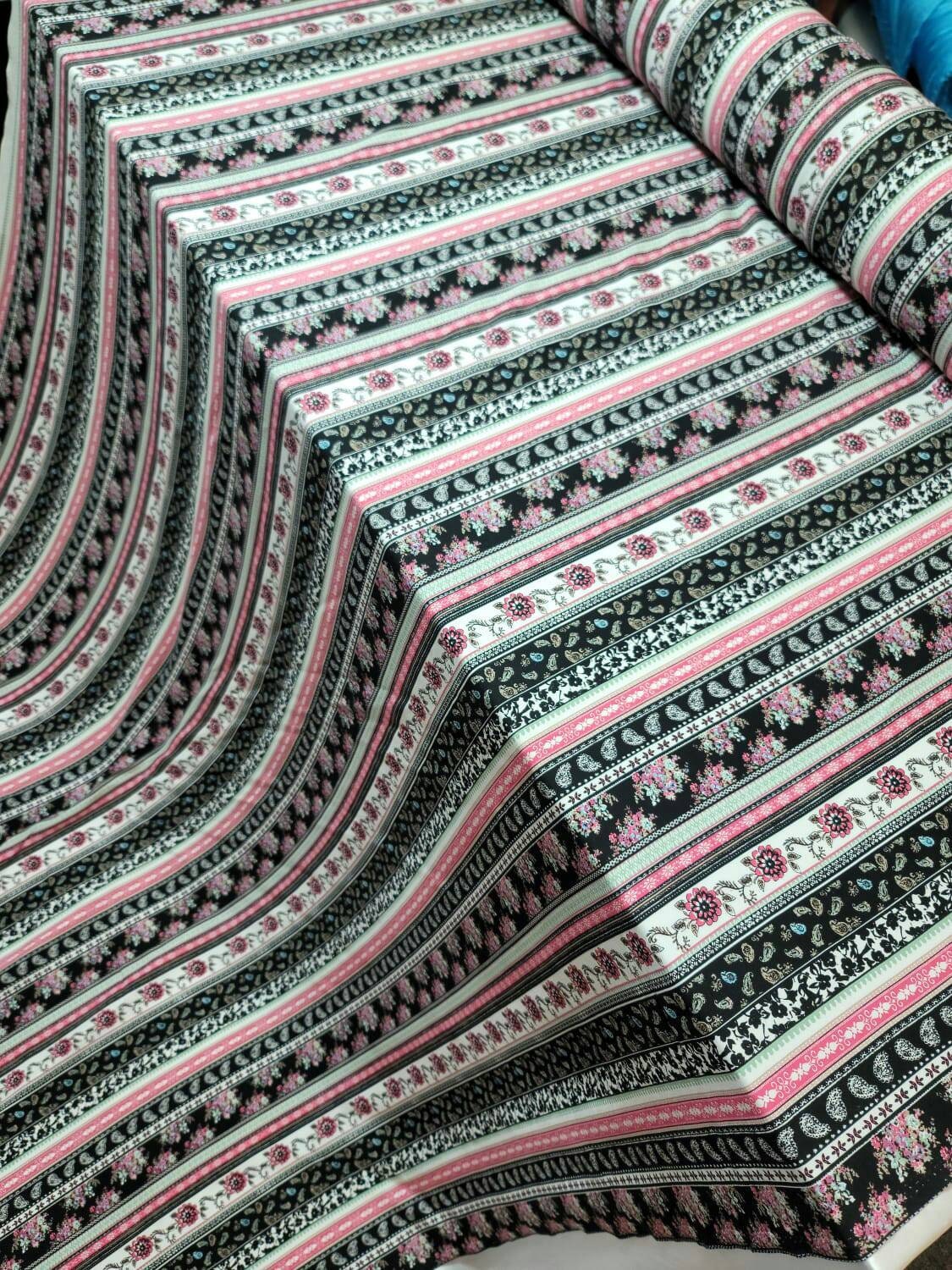 Rayon Challis Multicolor Pink Floral Flowers Paisleys Stripes White Background Fabric By The Yard Flowy Dress Clothing Flowy Light Weight