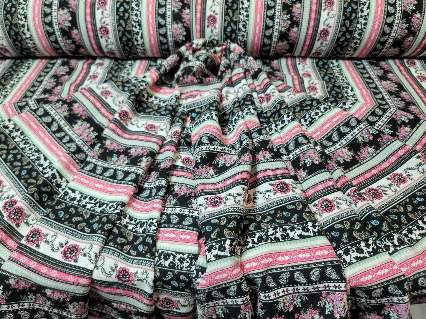 Rayon Challis Multicolor Pink Floral Flowers Paisleys Stripes White Background Fabric By The Yard Flowy Dress Clothing Flowy Light Weight