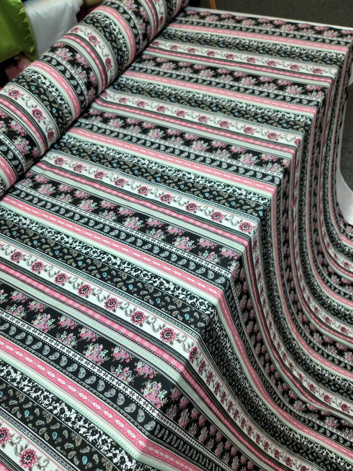 Rayon Challis Multicolor Pink Floral Flowers Paisleys Stripes White Background Fabric By The Yard Flowy Dress Clothing Flowy Light Weight