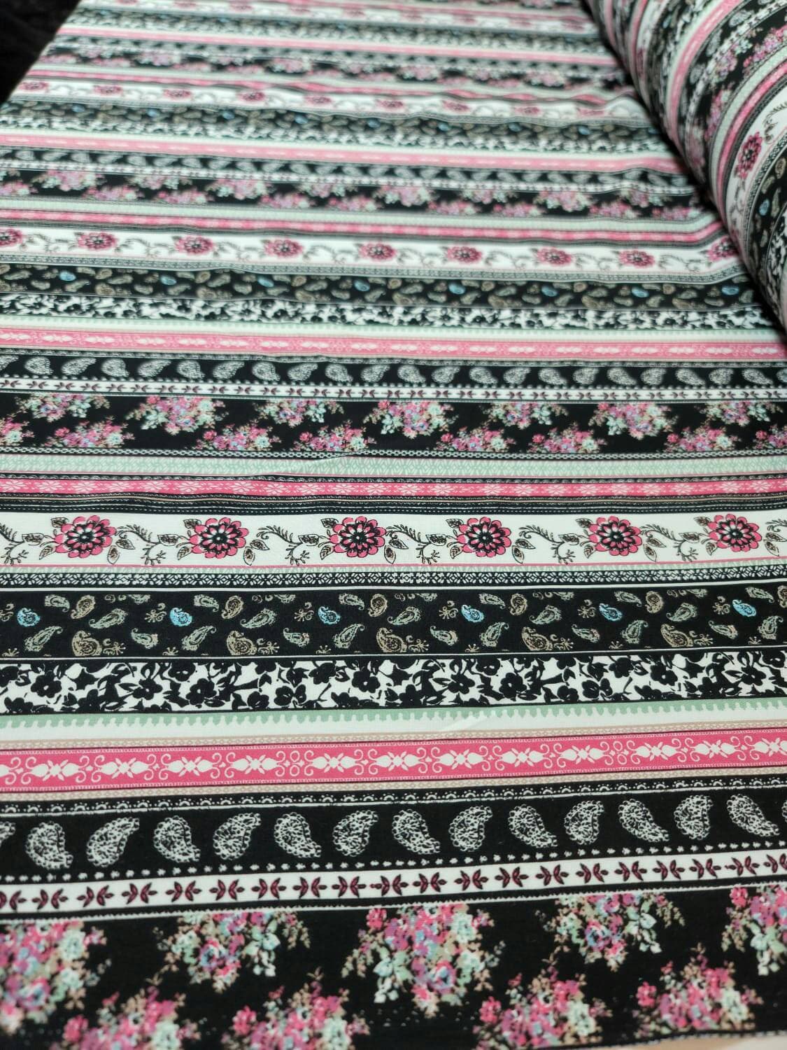 Rayon Challis Multicolor Pink Floral Flowers Paisleys Stripes White Background Fabric By The Yard Flowy Dress Clothing Flowy Light Weight
