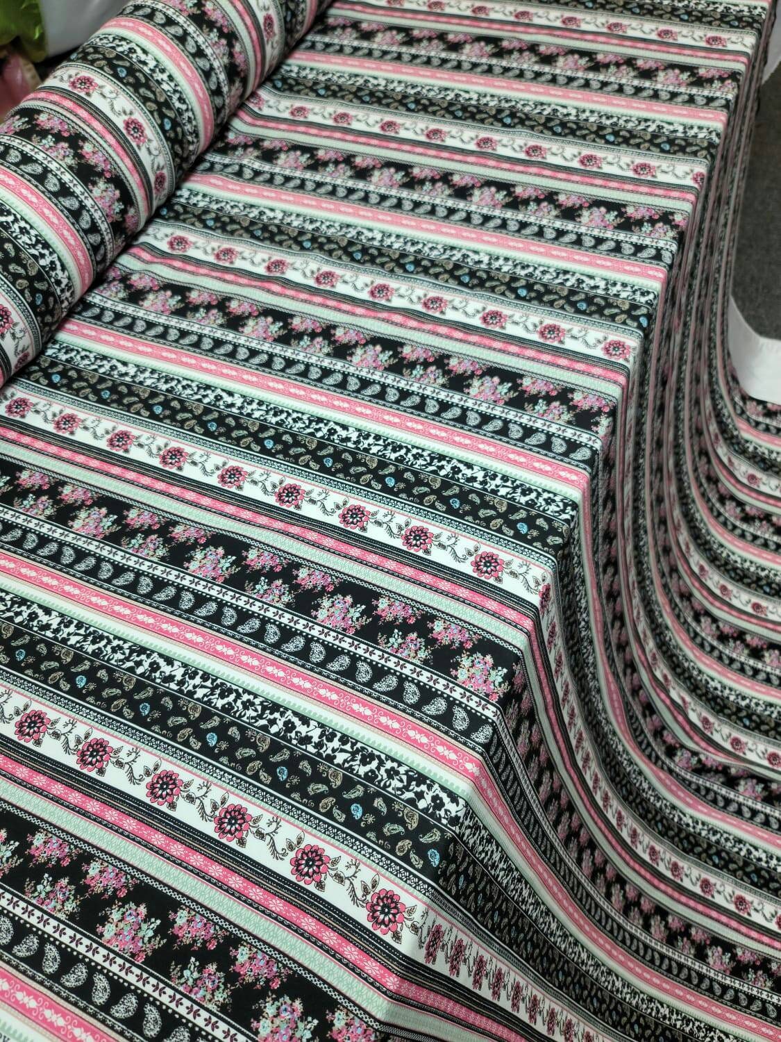 Rayon Challis Multicolor Pink Floral Flowers Paisleys Stripes White Background Fabric By The Yard Flowy Dress Clothing Flowy Light Weight
