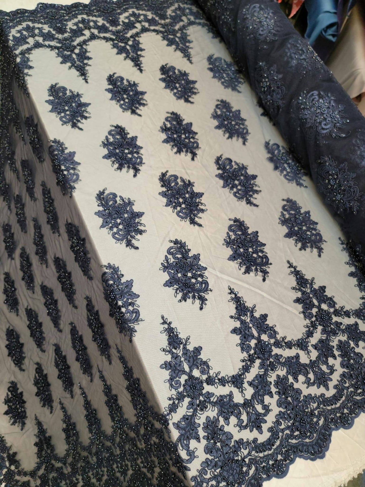 Navy Blue Beaded Lace Embroidery Floral Flowers Fabric By The Yard Sequin On Mesh Double Scallops Quinceañera Bridal Evening Dress