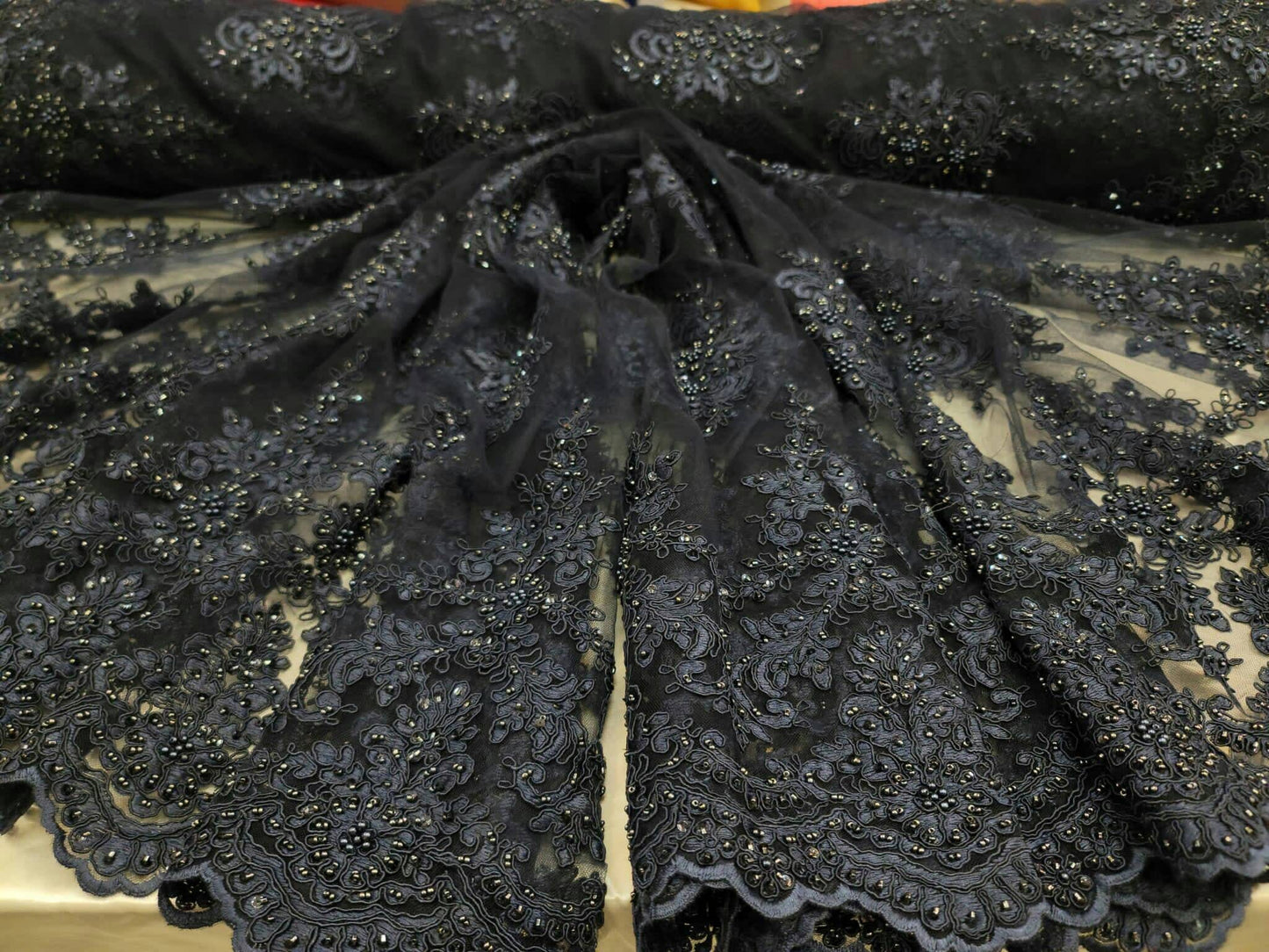 Navy Blue Beaded Lace Embroidery Floral Flowers Fabric By The Yard Sequin On Mesh Double Scallops Quinceañera Bridal Evening Dress