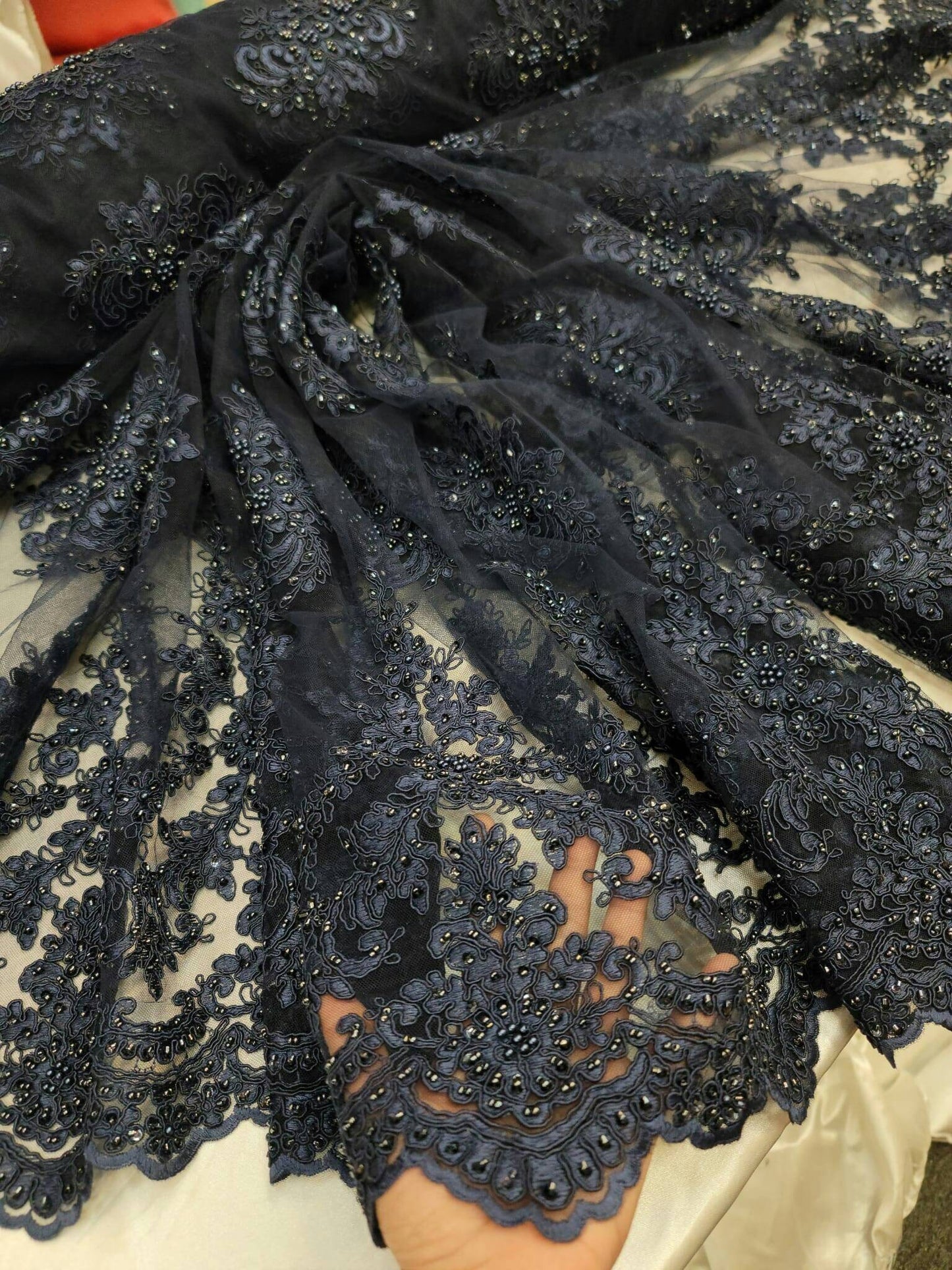 Navy Blue Beaded Lace Embroidery Floral Flowers Fabric By The Yard Sequin On Mesh Double Scallops Quinceañera Bridal Evening Dress