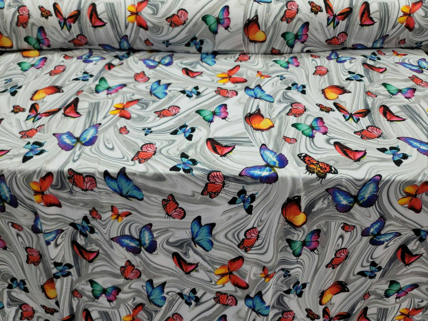 Multicolor Butterflies Stretch Rayon Spandex Fabric By The Yard Gown Dancer Clothing Fashion Decoration Dress Pink Blue Gray Background