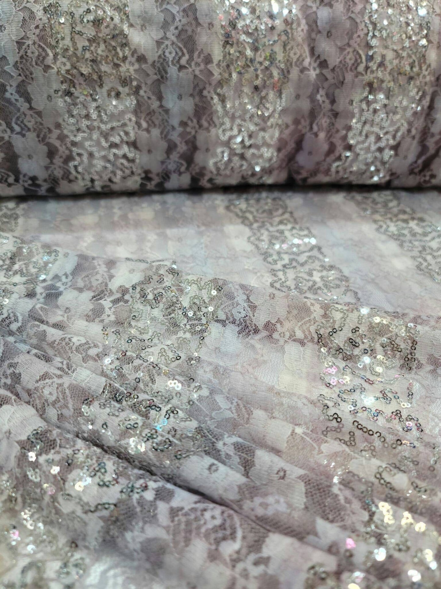 Lavendwer Pink Stretch Lace Floral Flowers Embroidered Silver Sequin Fabric By The Yard Gown Quinceañera bridal Evening Dress Clothing