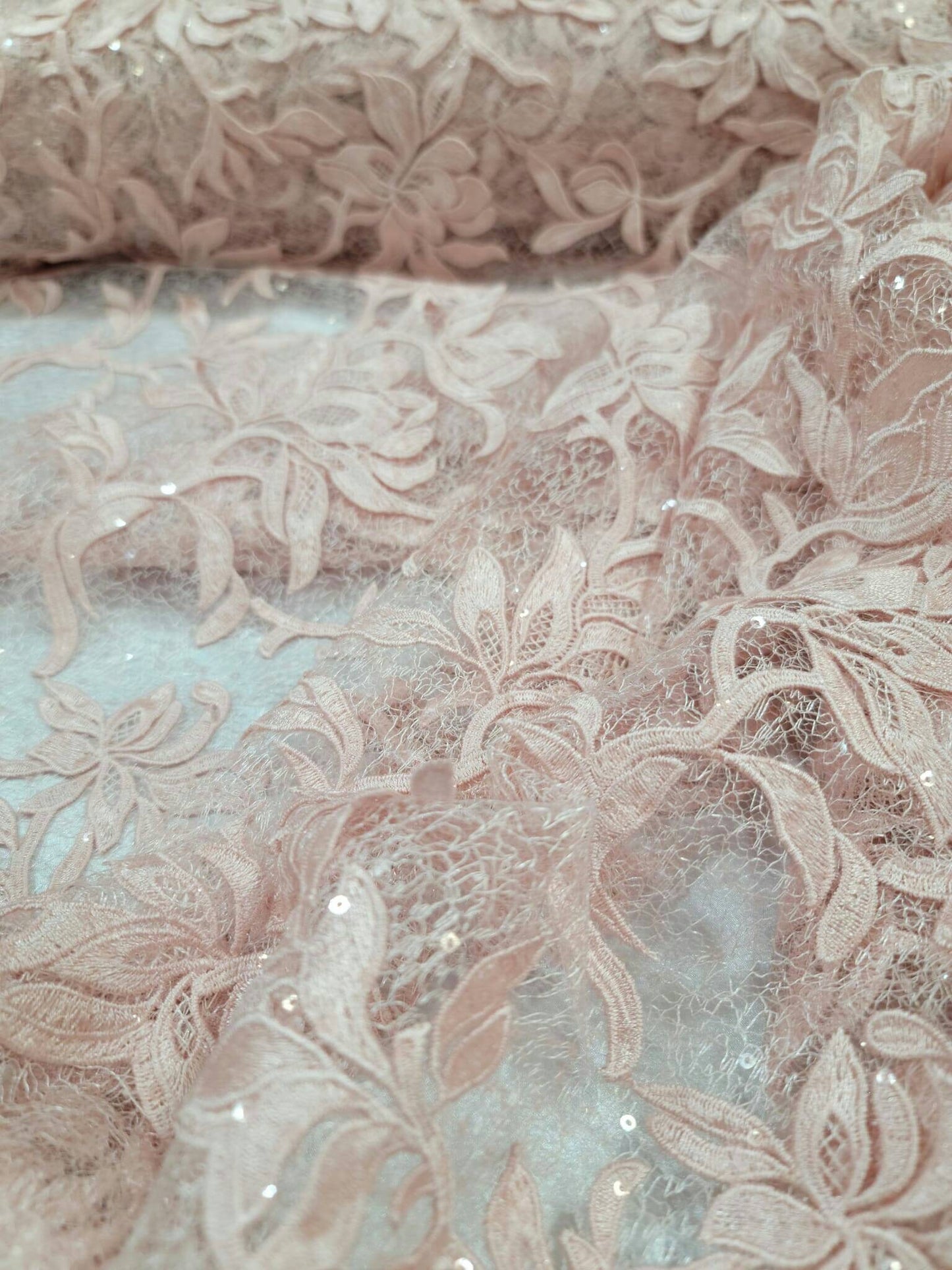 Blush Embroidery Lace Guipure Floral Flowers Clear Sequin On Mesh Fabric - Sold By The Yard - Clothing Dress Bridal Evening Gown Quinceañera Prom