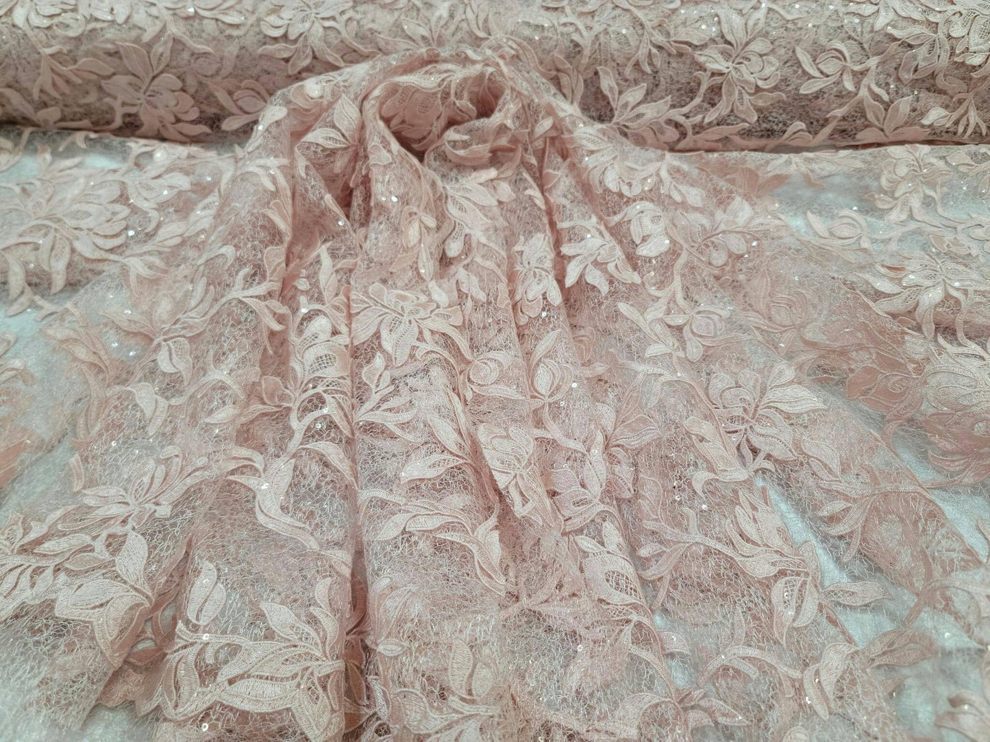 Blush Embroidery Lace Guipure Floral Flowers Clear Sequin On Mesh Fabric - Sold By The Yard - Clothing Dress Bridal Evening Gown Quinceañera Prom