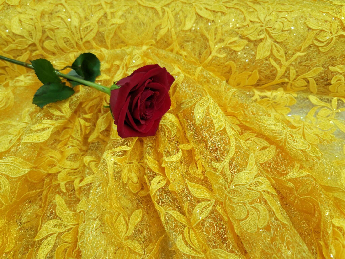 Yellow Embroidery Lace Guipure Floral Flowers Clear Sequin On Mesh Fabric Sold By The Yard Gown Quinceañera Bridal Evening Dress