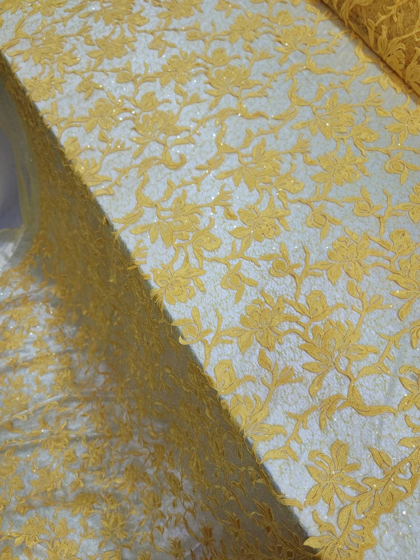 Yellow Embroidery Lace Guipure Floral Flowers Clear Sequin On Mesh Fabric Sold By The Yard Gown Quinceañera Bridal Evening Dress