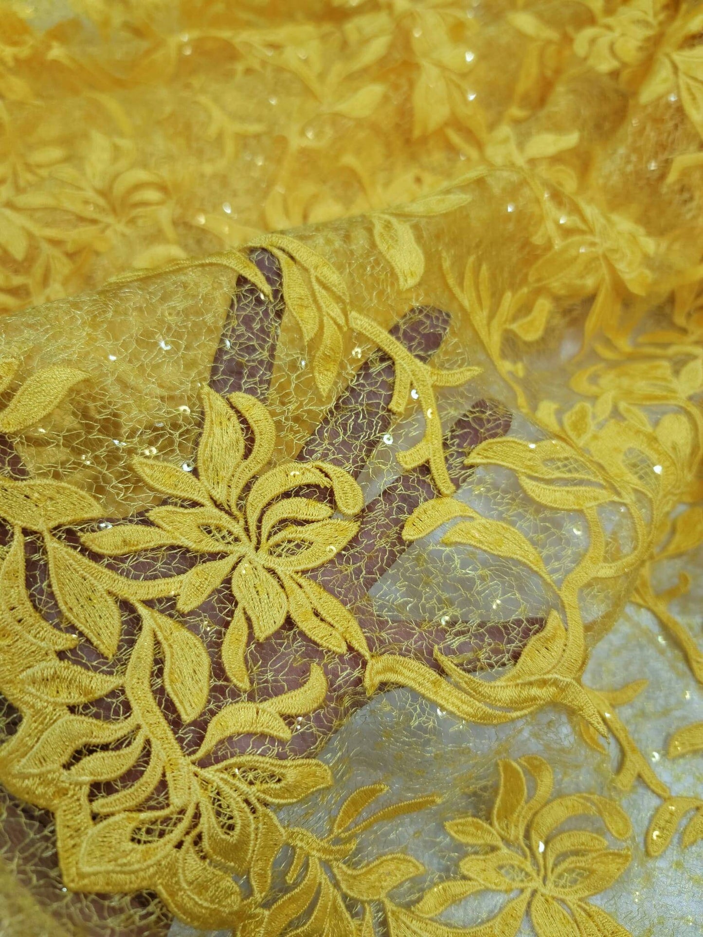 Yellow Embroidery Lace Guipure Floral Flowers Clear Sequin On Mesh Fabric Sold By The Yard Gown Quinceañera Bridal Evening Dress