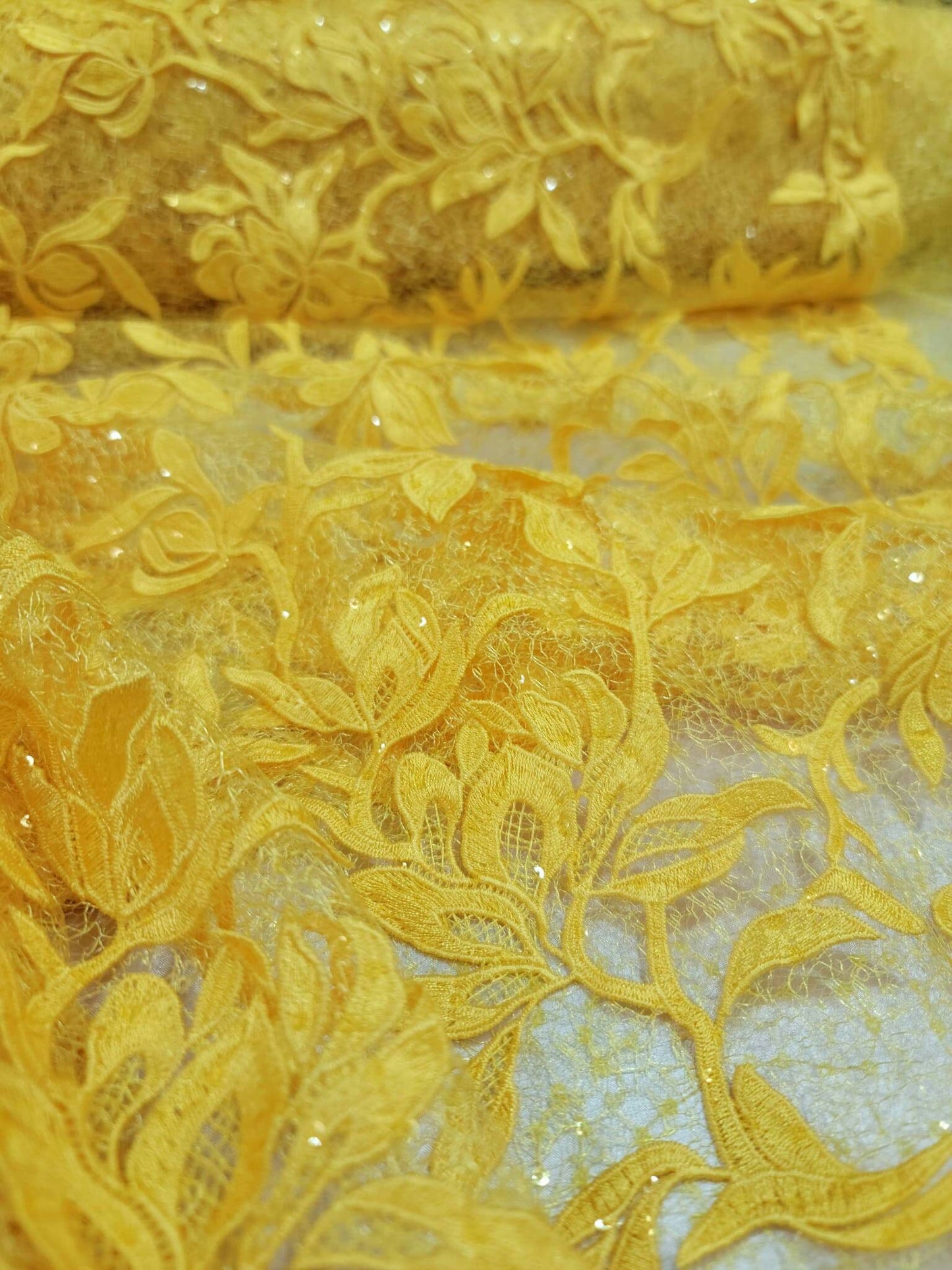 Yellow Embroidery Lace Guipure Floral Flowers Clear Sequin On Mesh Fabric Sold By The Yard Gown Quinceañera Bridal Evening Dress