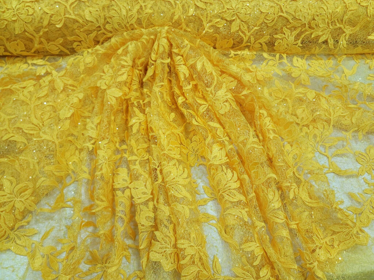 Yellow Embroidery Lace Guipure Floral Flowers Clear Sequin On Mesh Fabric Sold By The Yard Gown Quinceañera Bridal Evening Dress