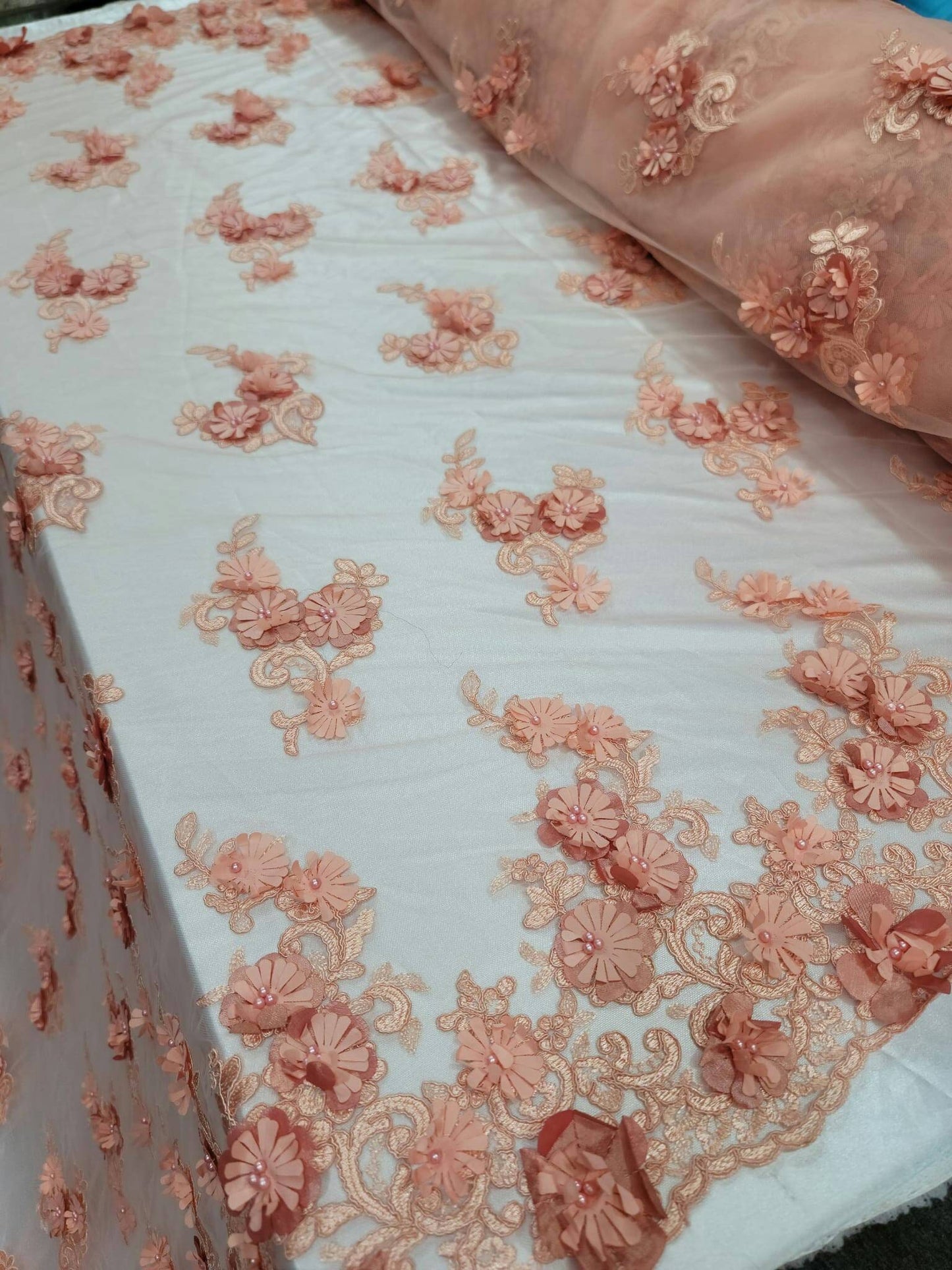 Peach Lace Fabric By The Yard Beaded Lace 3d Floral Flowers Embroidered on Mesh Quinceañera Bridal Fashion Sweet Sixteen Prom