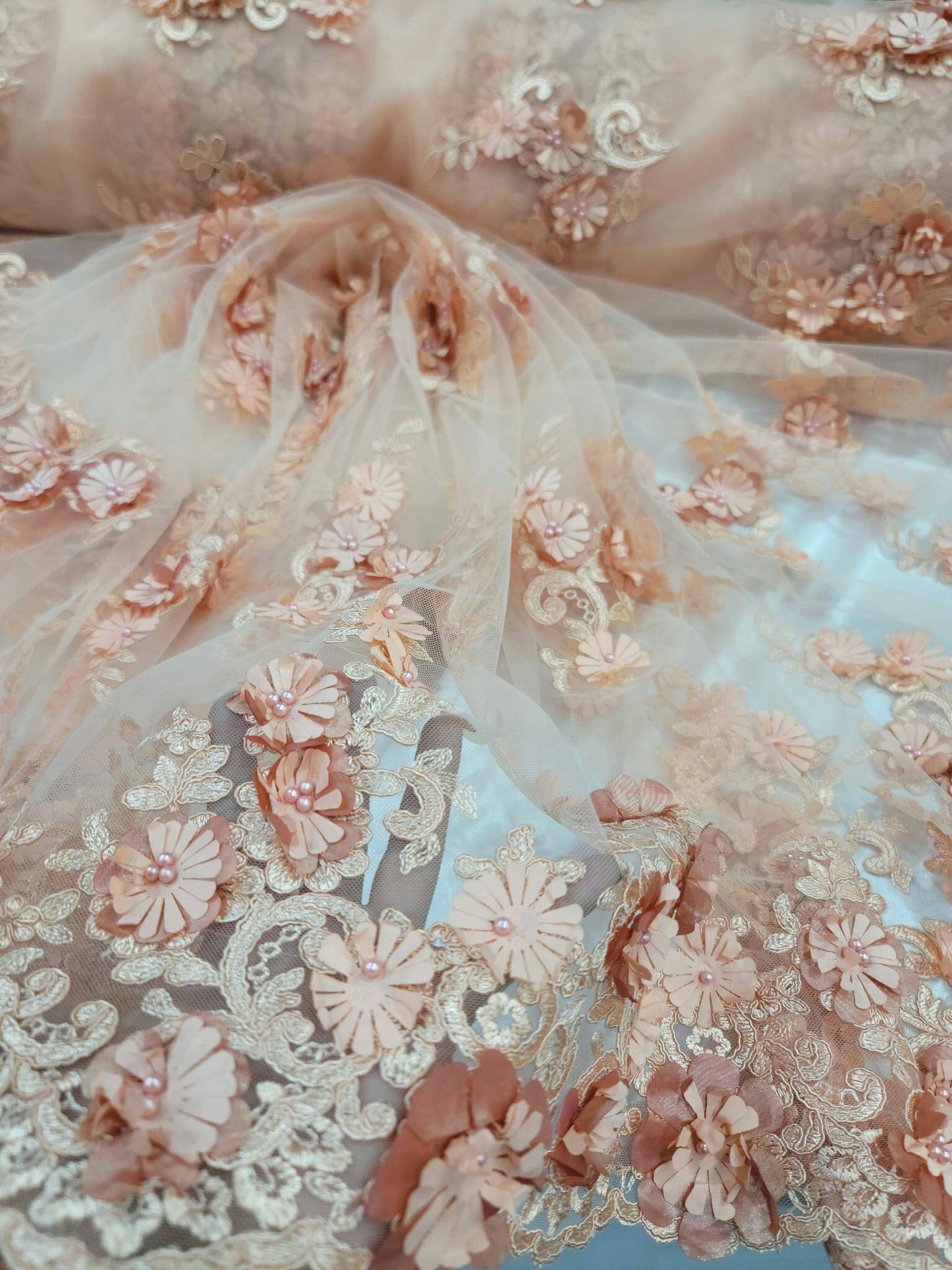 Peach Lace Fabric By The Yard Beaded Lace 3d Floral Flowers Embroidered on Mesh Quinceañera Bridal Fashion Sweet Sixteen Prom