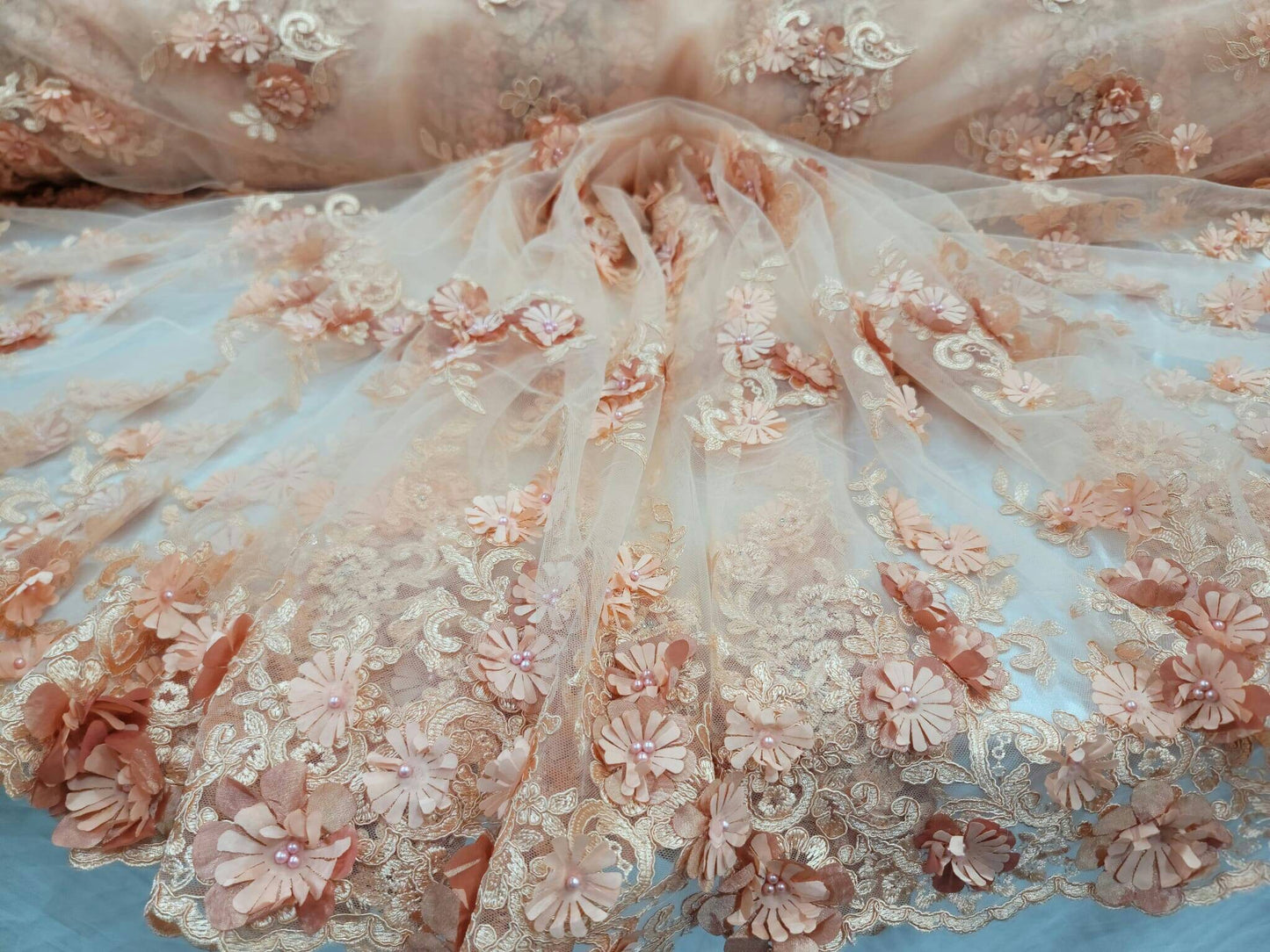 Peach Lace Fabric By The Yard Beaded Lace 3d Floral Flowers Embroidered on Mesh Quinceañera Bridal Fashion Sweet Sixteen Prom