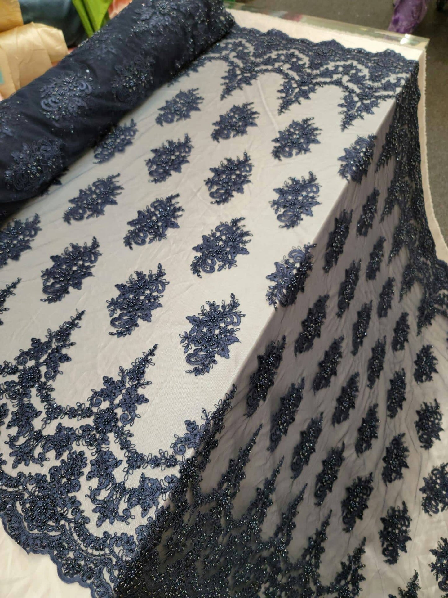 Navy Blue Beaded Lace Embroidery Floral Flowers Fabric By The Yard Sequin On Mesh Double Scallops Quinceañera Bridal Evening Dress