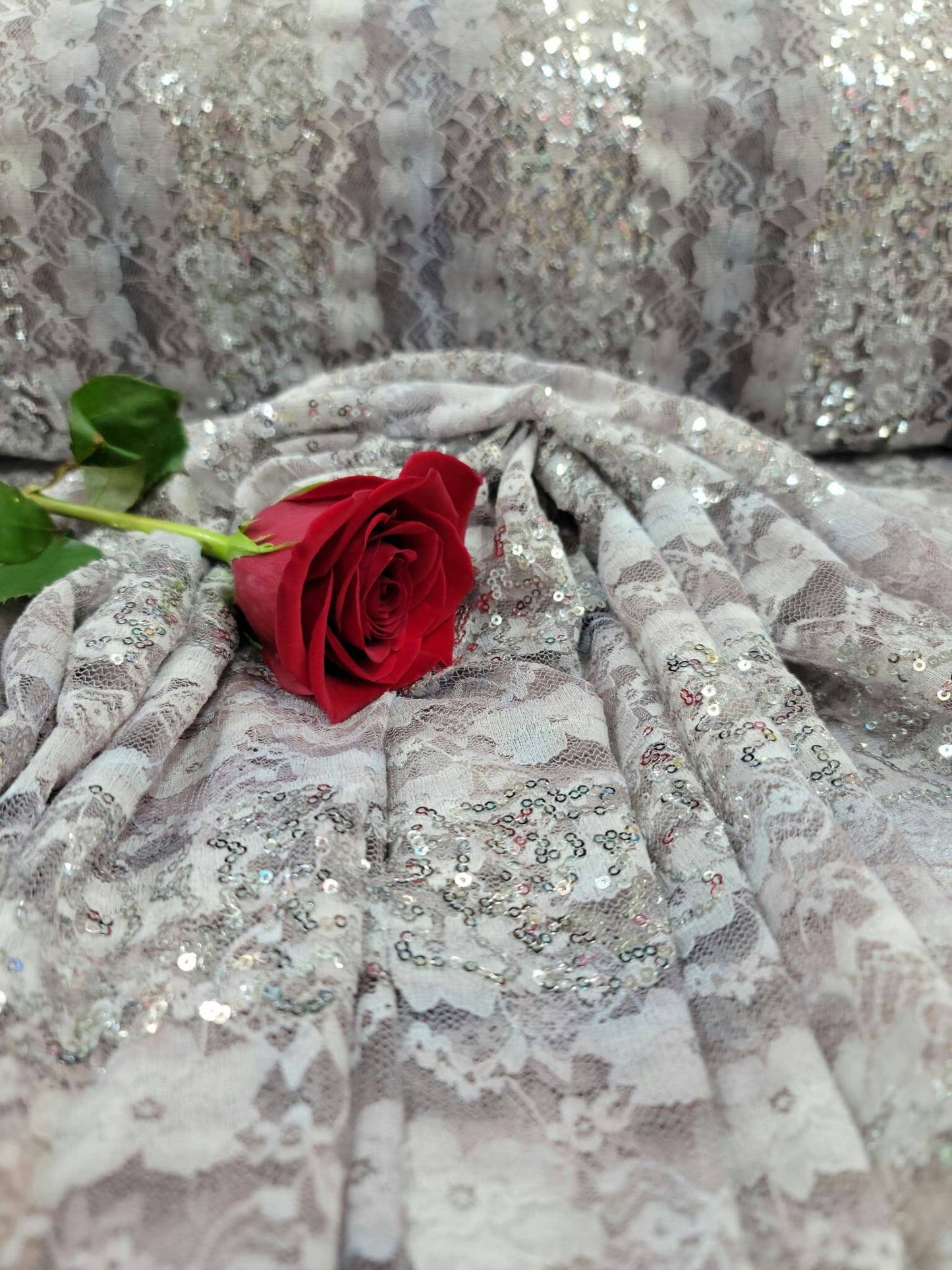 Lavendwer Pink Stretch Lace Floral Flowers Embroidered Silver Sequin Fabric By The Yard Gown Quinceañera bridal Evening Dress Clothing