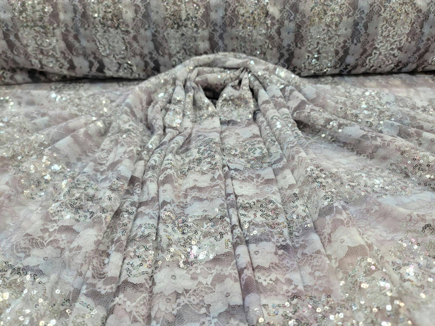 Lavendwer Pink Stretch Lace Floral Flowers Embroidered Silver Sequin Fabric By The Yard Gown Quinceañera bridal Evening Dress Clothing