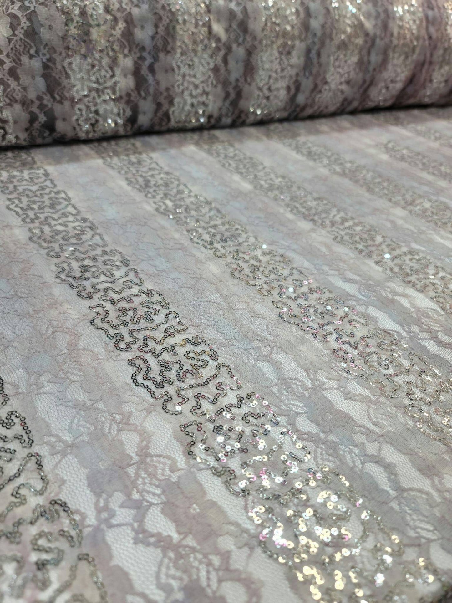 Lavendwer Pink Stretch Lace Floral Flowers Embroidered Silver Sequin Fabric By The Yard Gown Quinceañera bridal Evening Dress Clothing